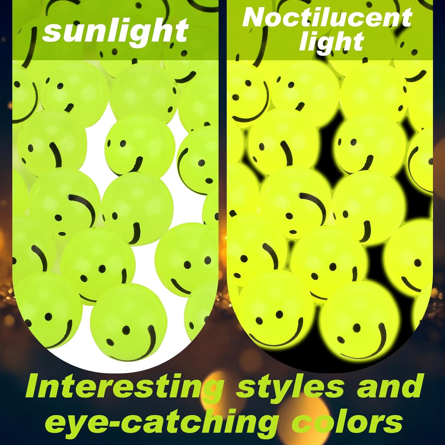 Liliful 288 Pcs Glow in the Dark Smile Face Balls Mardi Gras Throws Bulk 1 Inch High Bounce Rubber Ball for Goodie Bag Stuffer Christmas Birthday Party Favors Vending Machine Prize(Yellow)