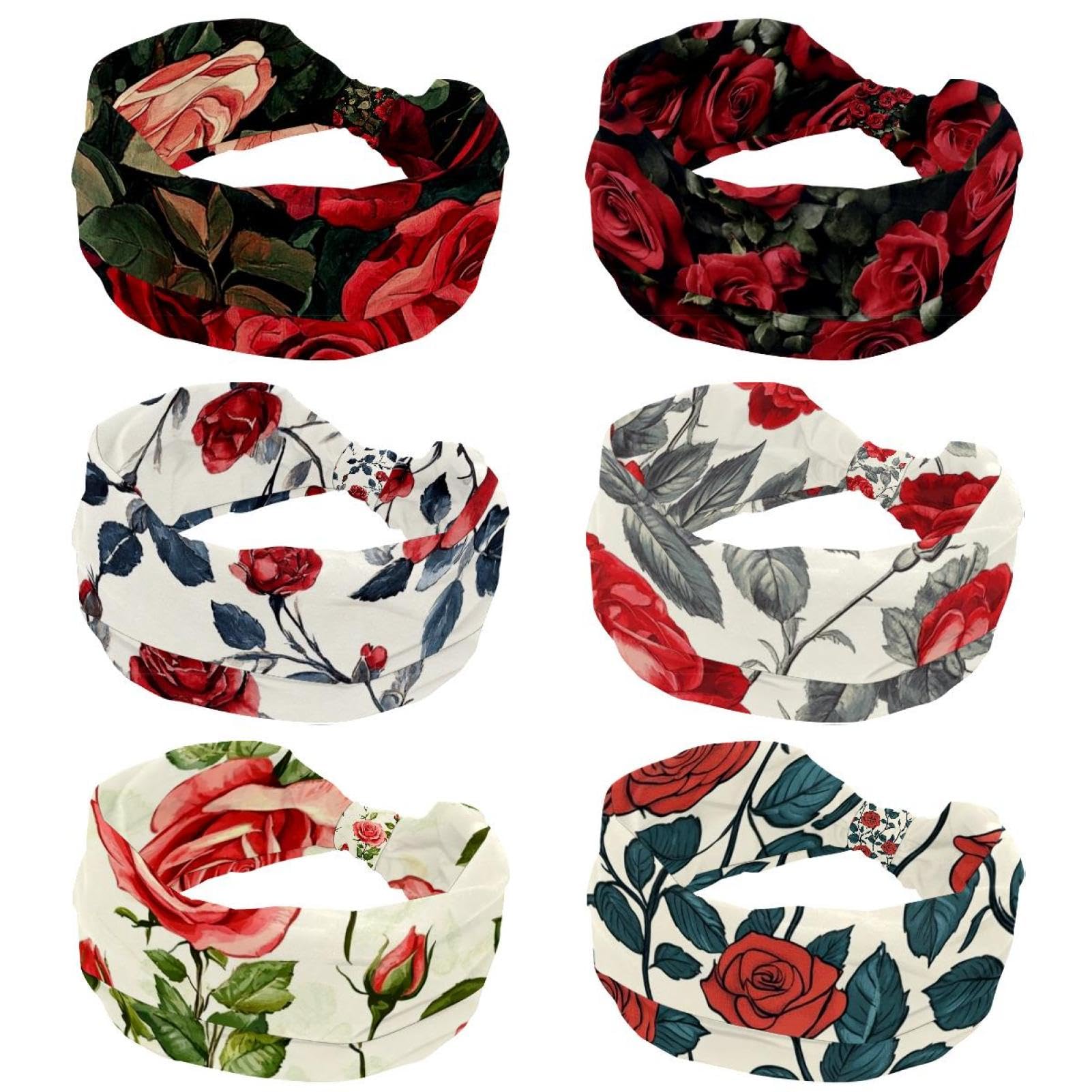 6 Stück Blumen Blumen rote Rosen Stirnbänder für Damen, modische breite Stirnbänder für den täglichen Gebrauch, Sport, Yoga, Laufen