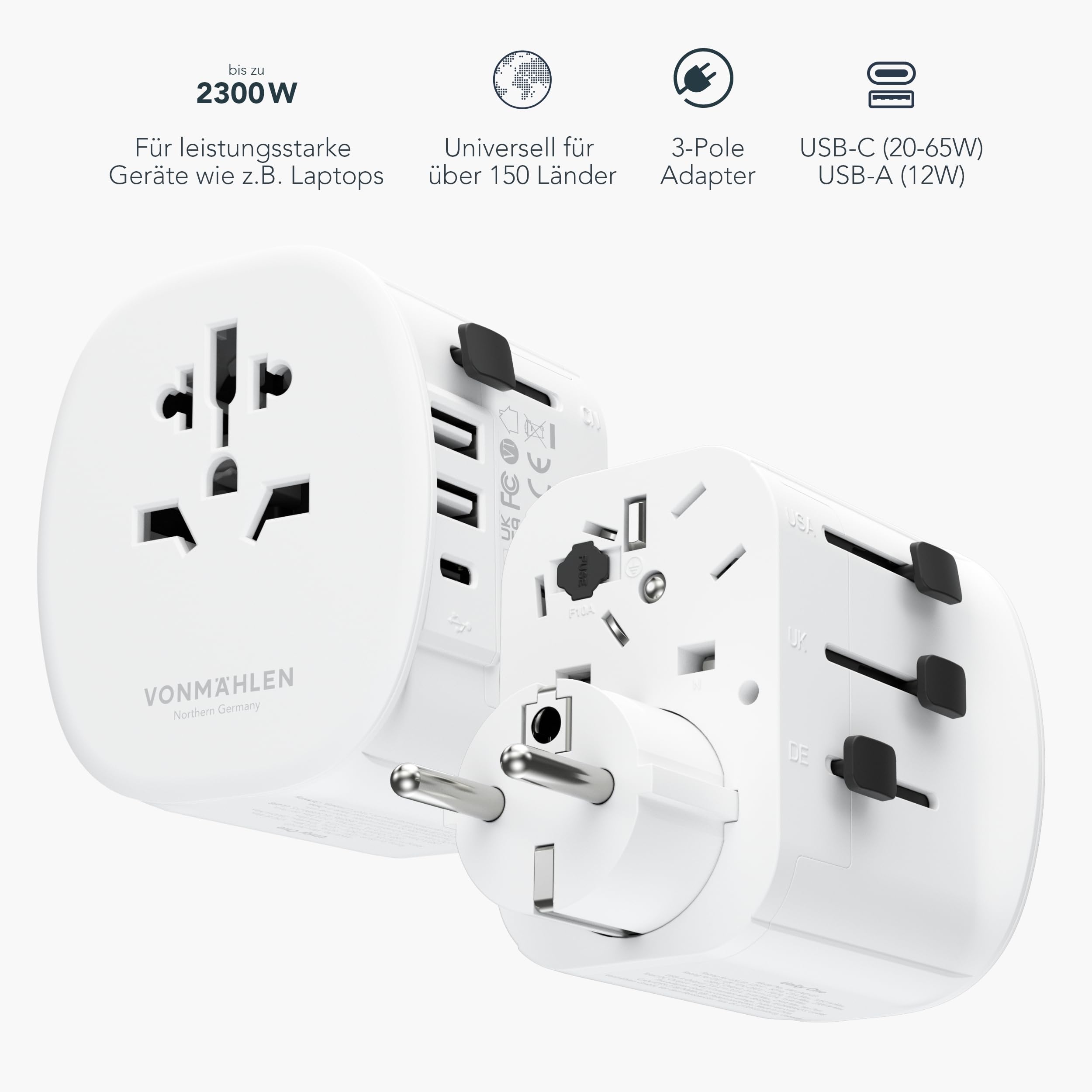 Vonmählen Unity One – Weltreise-Adapter mit USB-A & USB-C, 2300W Leistung, kompakt & ausziehbar, kompatibel in 150+ Ländern – Ladegerät für Smartphone, Laptop, Kamera & mehr