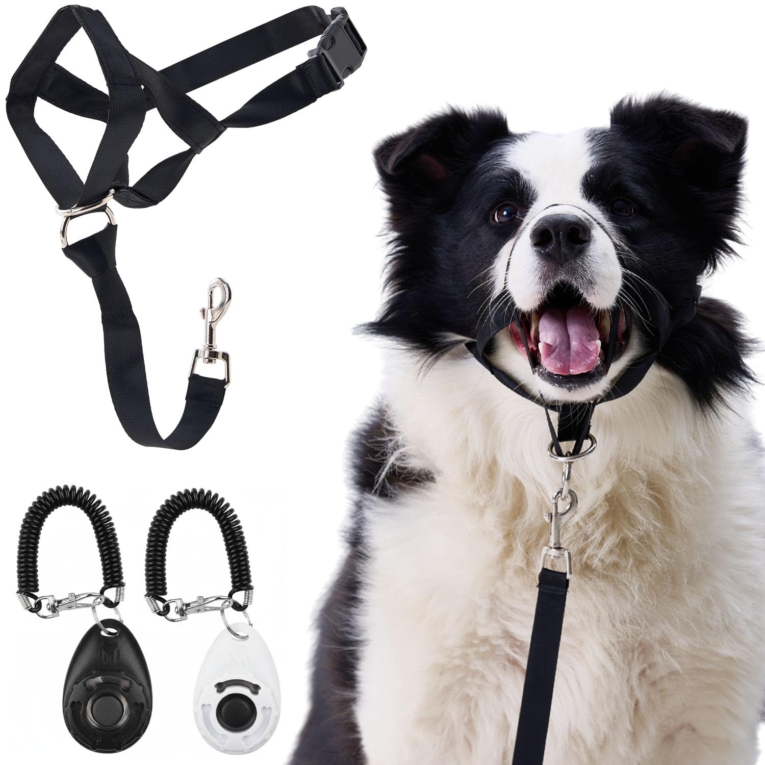 Gentle Leader for Dogs + 2X Dog Training Clicker – Gentle Leader with Quick-Snap Neck Strap & Nose Loop – Bonus Clickers with Wrist Strap for Obedience & Leash Training
