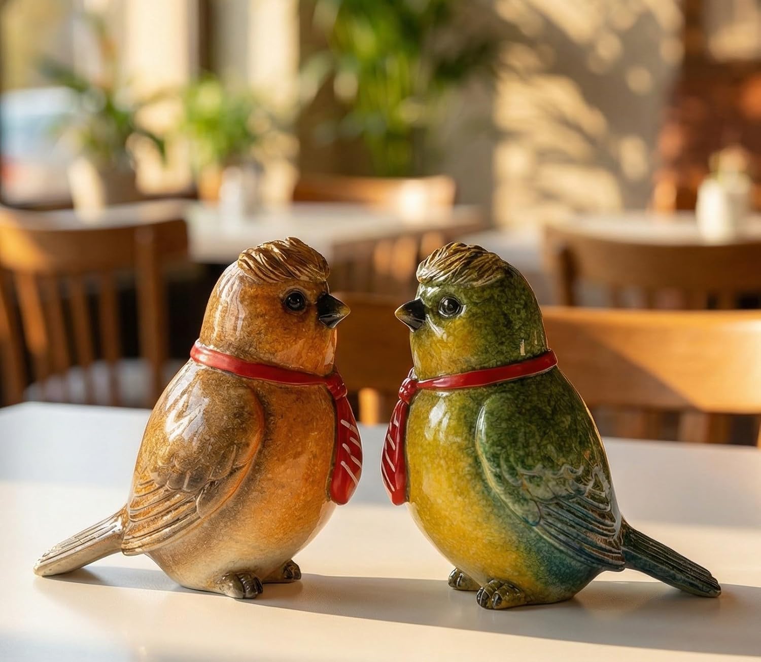 VVGIFTS Decorative Bird Figurines, Set of 2 Resin Sculptures, Two Colors and with Red Scarves for Home Table and Office Decor，Decorative Birds Gifts for Bird Lovers