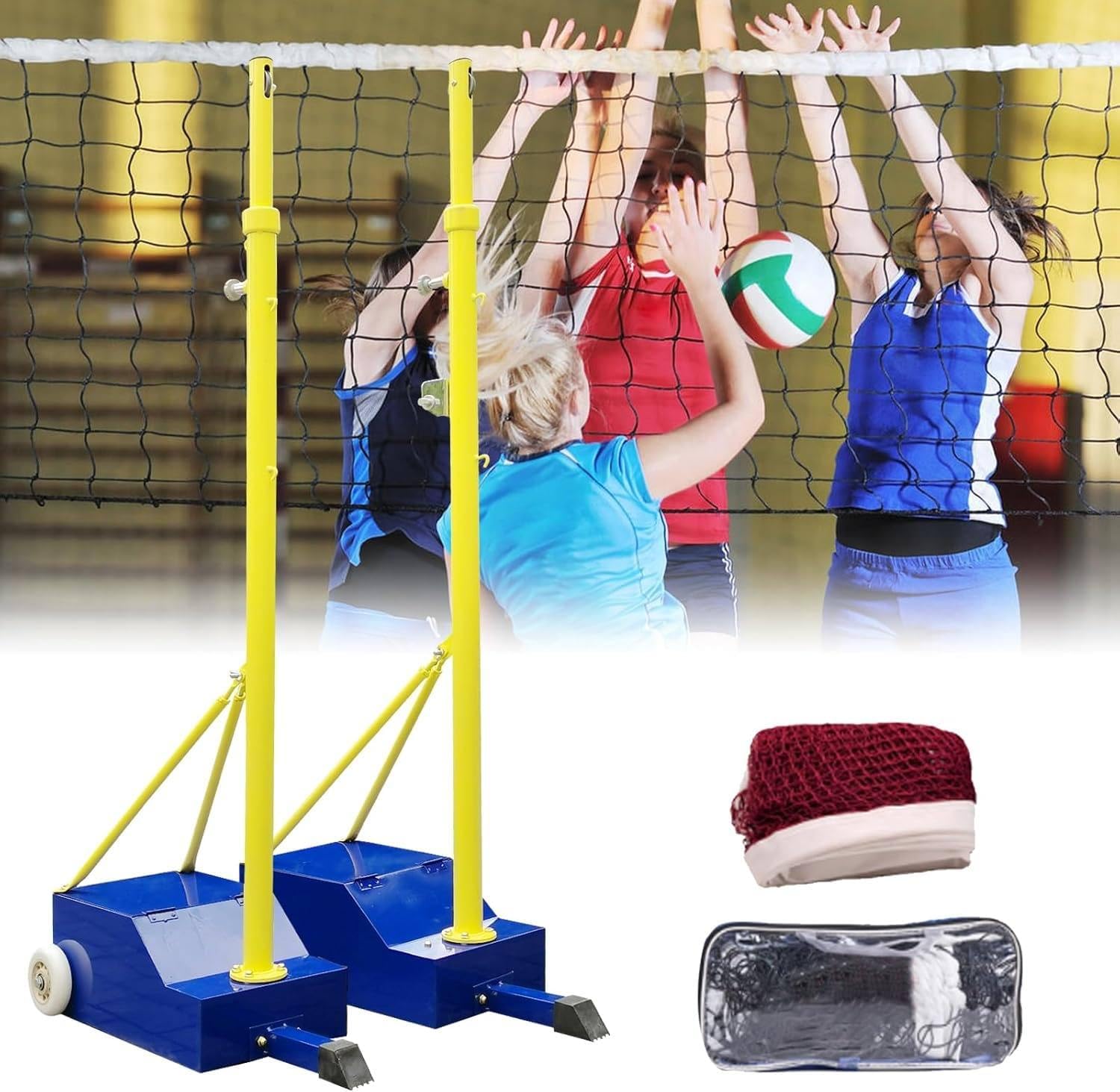 Portable Volleyball and Badminton Net Poles - Heavy Duty Outdoor Stand with Removable Wheels, Adjustable 5.1ft-6.9ft Height, Perfect for Backyard, School, and Stadium Use for All Ages
