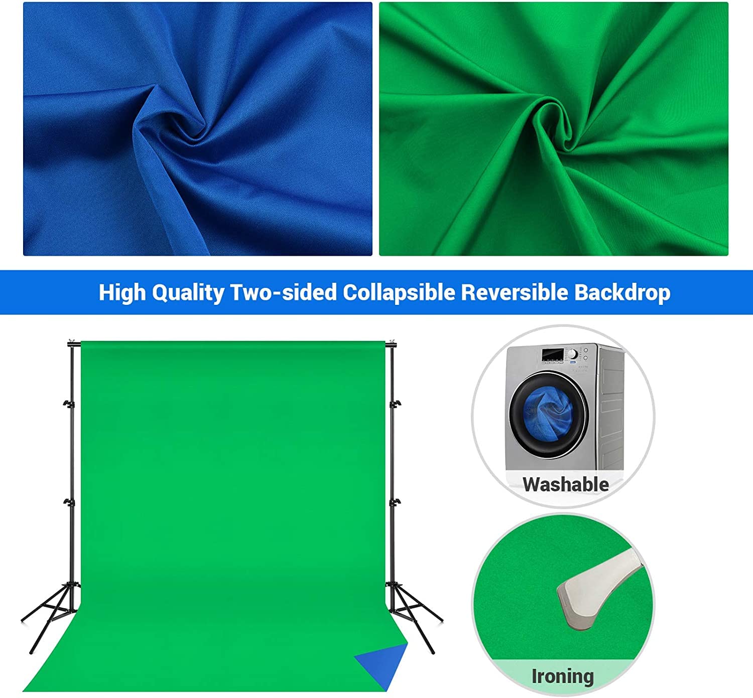 Andoer 2 en 1( Azul y Verde) de Fotografía, 2x 3m Fondo con Sistema de Soporte y 3 Abrazaderas, 1 Bolsa, para Telón de Fondo para Estudio Fotográfico, Foto Conmemorativa, Grabación de Video