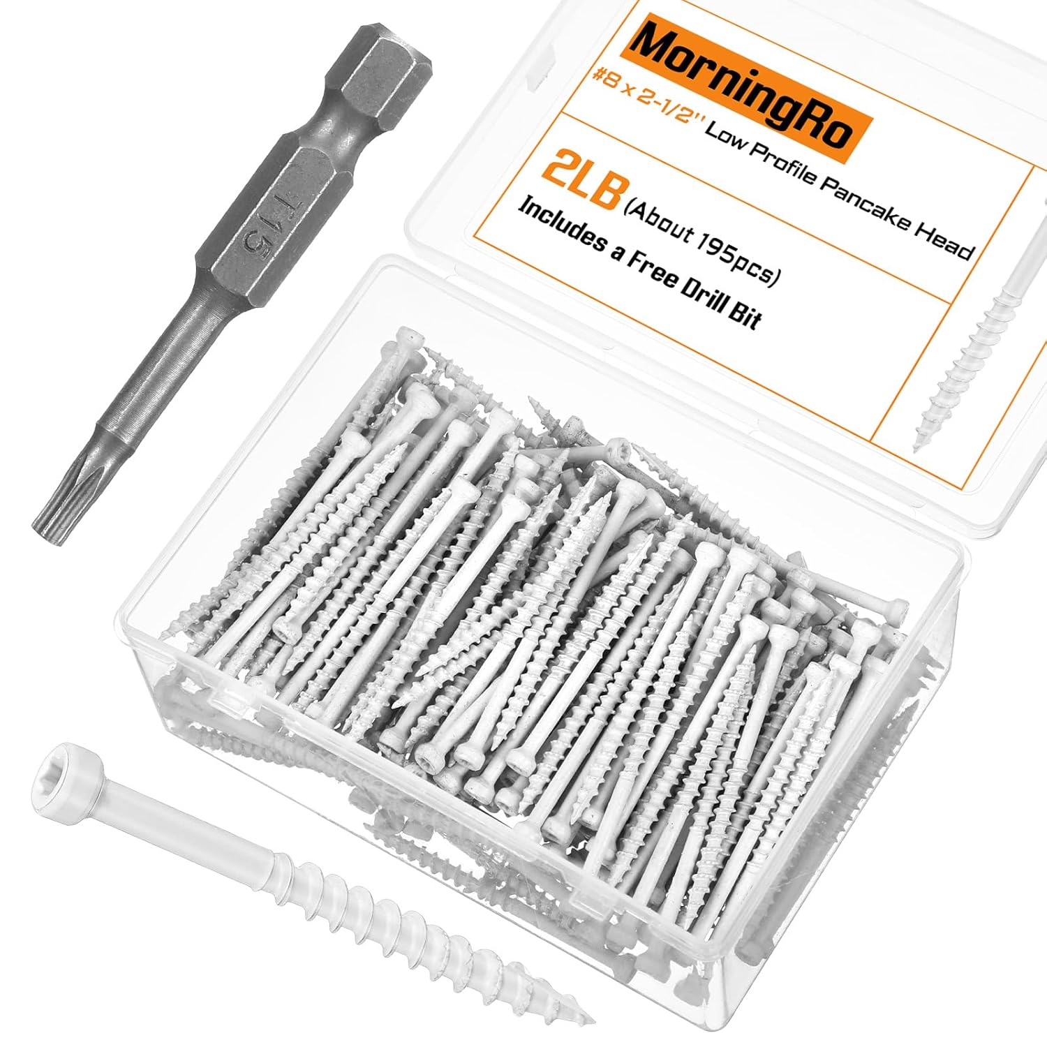 MorningRo #8 x 1-1/4" (Approx. 360 Pcs) White Trim Screws 2 lb Box, Durable Wood Screws, Serrated Thread for Secure Fastening, Avoid Cam Out, with a Drill Bit