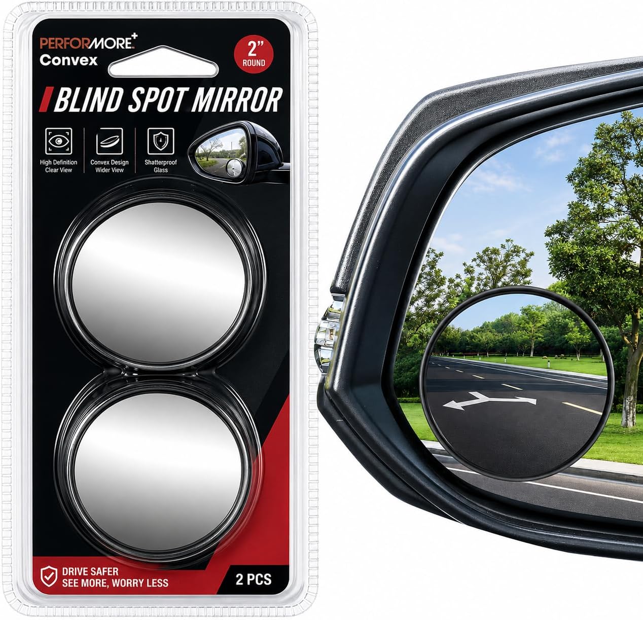 Performore 2 Pack Of Blind Spot Car Mirrors, 2 Inch Round Hd Glass Convex Rear View Wide Angle Side Mirror Blindspot With Self Adhesive Back For Universal Vehicles