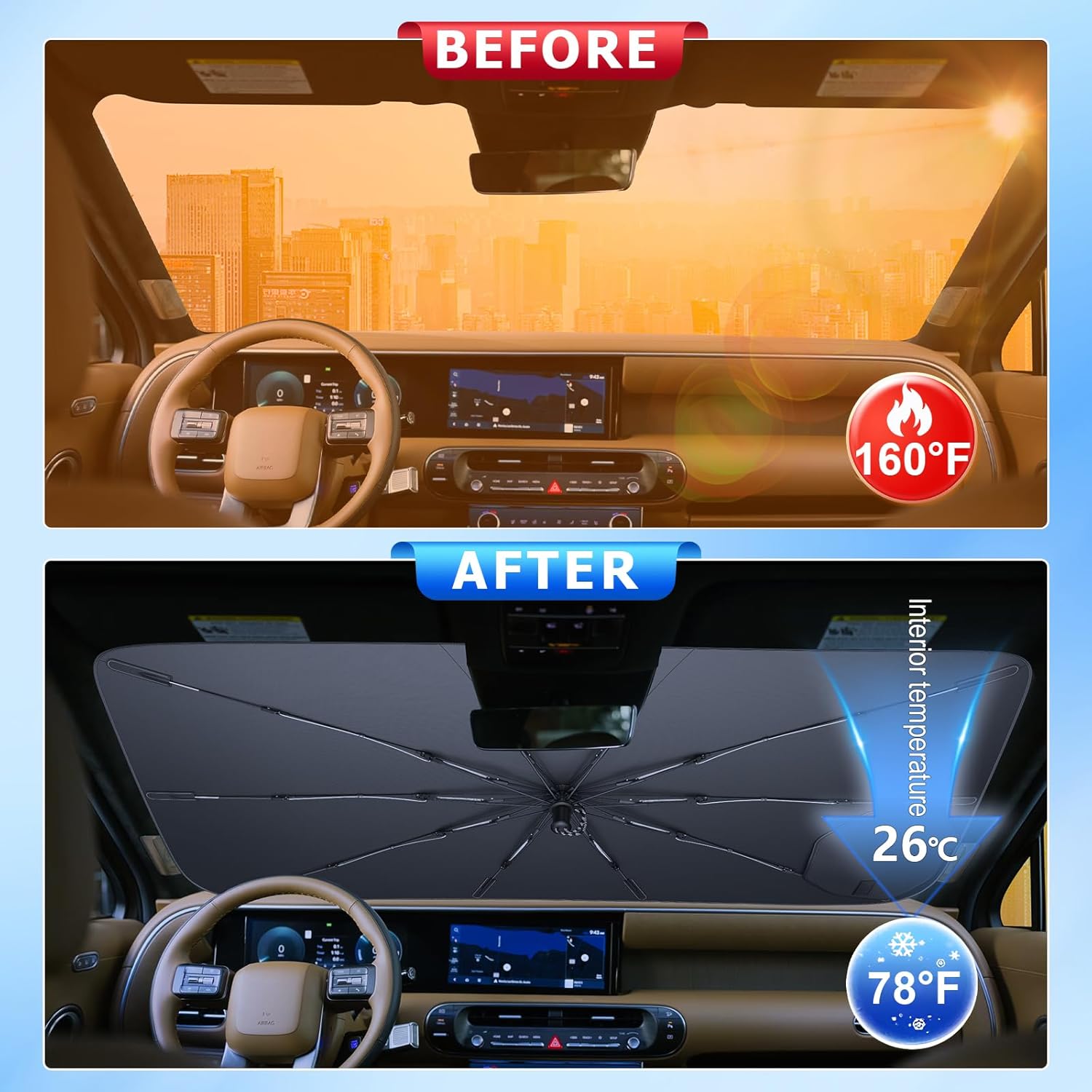 for Umbrella Sunshade for Car Windshield Hyundai Palisade 2020-2026 Custom Fit Windshield Sun Protector Cover 6-Layer Heat-Resistant Fabric, Ultra-Strong Fiberglass Frame (for 2020-2026 Palisade)