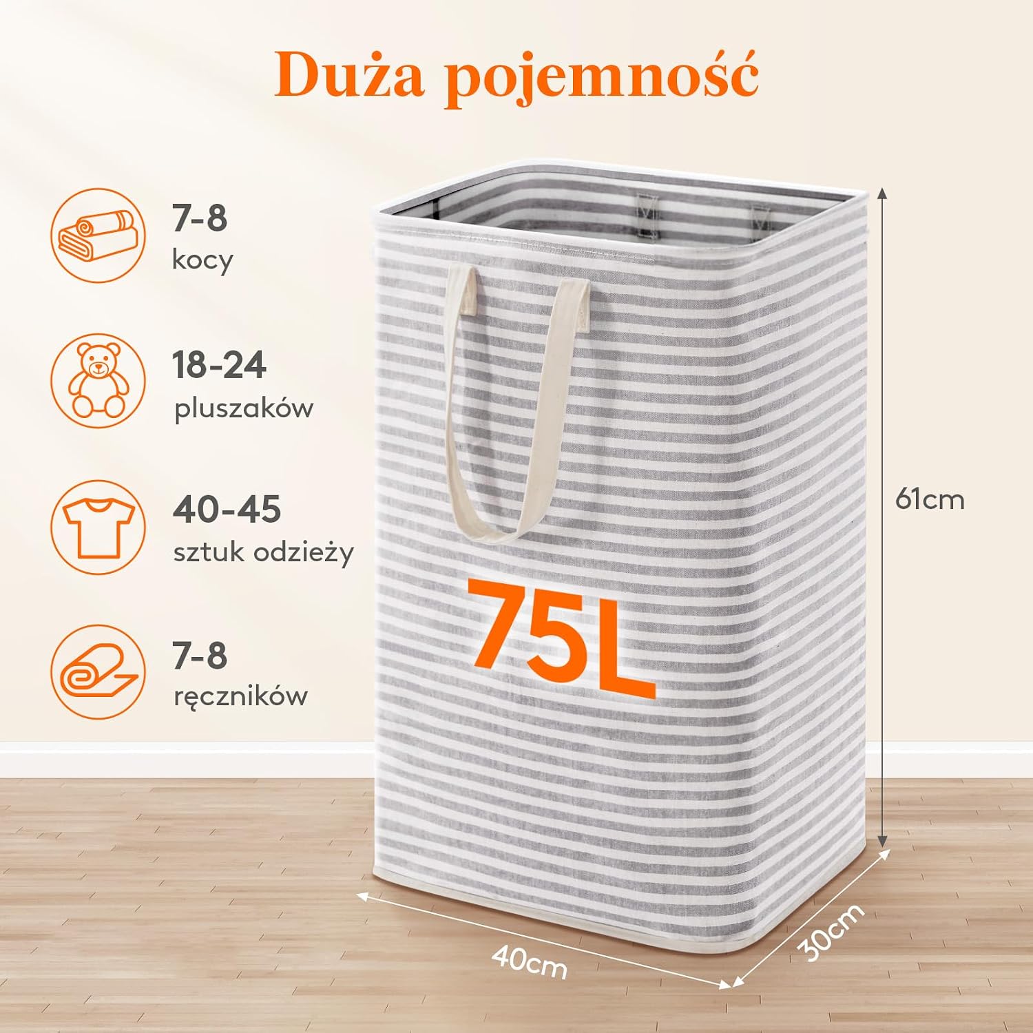 Lifewit Duży kosz na pranie składany kosz na pranie wodoszczelny organizer na pranie z uchwytami na ubrania ręczniki zabawki 75 l szary