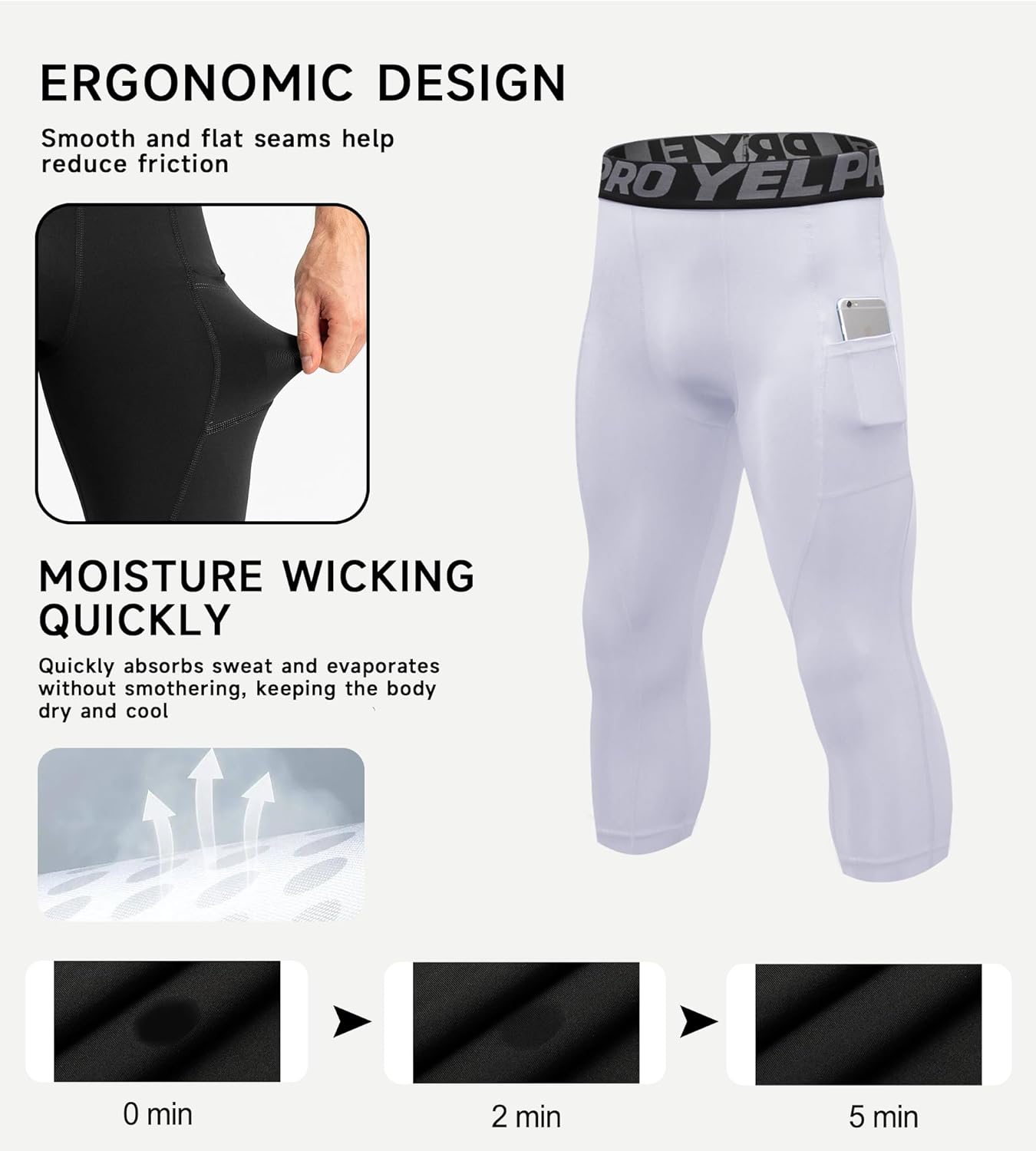 Men's 3/4 Compression Pants Athletic Basketball Leggings Tights Cool Dry Capri Active Gym Base Layer with Pockets