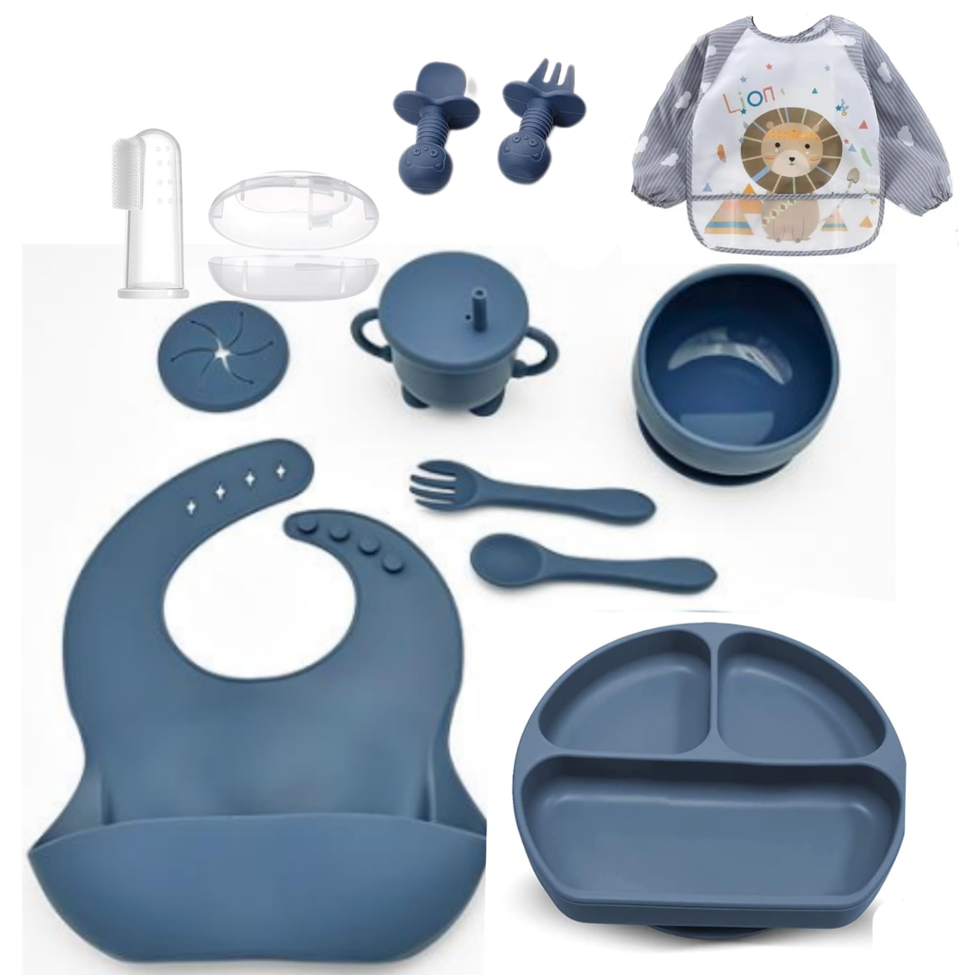 SPY KIDS® 12Pcs Silicone Baby Feeding Set | BPA-Free, Microwave Safe | Suction Plate, Suction Bowl, 2in1 Cup, Spoon, Fork, Small Spoon & Fork, Silicone Bib, Cloth Bib, Finger Brush with Case | Blue