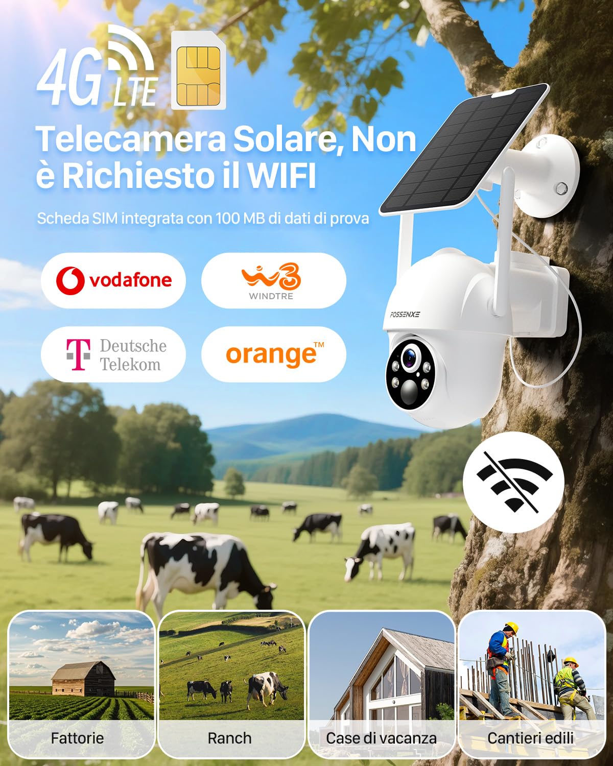 4G Telecamera Solare Esterno con SIM, 2K HD Telecamere Senza Fili e 64 GB di Memoria, Visione Notturna, Tracciamento Automatico, Audio Bidirezionale, IP66 (Nessun supporto WiFi)