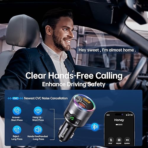 Miniatura 4 de Syncwire Transmisor FM Bluetooth 5.4 para coche, 38 W PD y QC3.0 Dual USB Carga Bluetooth Adaptador de coche Micrófono y sonido de graves MP3