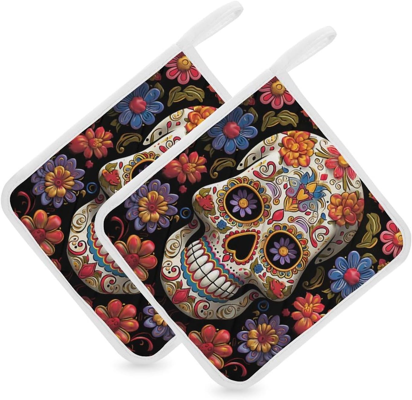 Pot Holder Set of 2 Sugar Skulls Printed Potholders for Kitchens Heat Resistant & Non Slip Potholders for Kitchen Cooking Baking BBQ