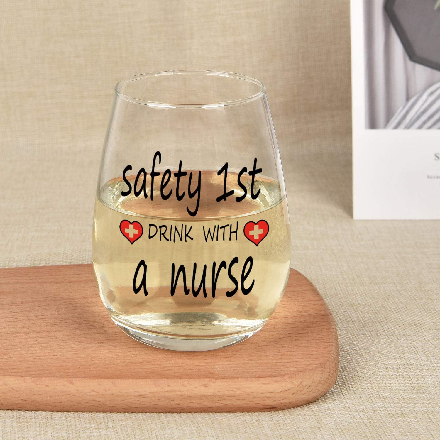 🛒 Flash Sale Safety 1st Drink With A Nurse Wine Glass, 15Oz Funny Stemless Wine Glass - Nurse Gifts for Women, Men, Nursing Students, Practitioner, Coworker, Nursing School