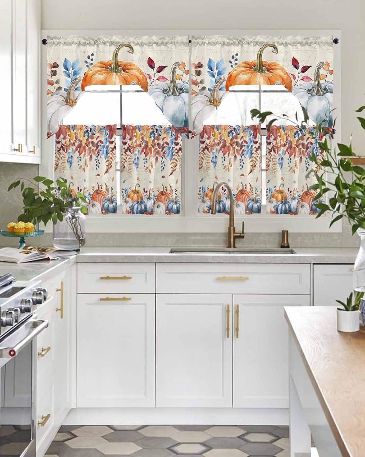 Thanksgiving Blue Pumpkin Swag Kitchen Curtains Valance and Tier Set 24 Inch Length, Vintage Orange Fall Leaves Rod Pocket Swag Curtains for Living Room Bedroom Bathroom Window Drapes 3 Piece