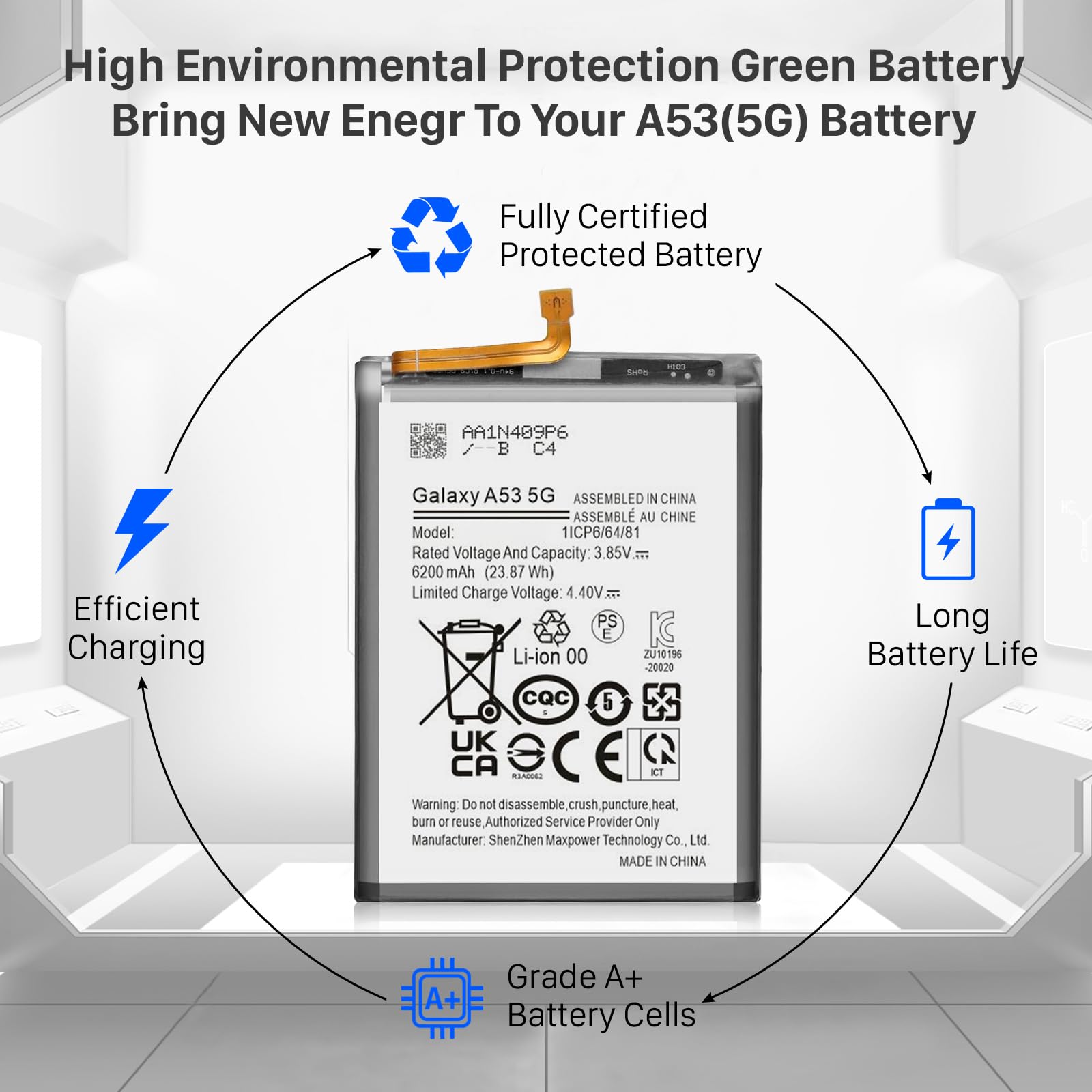 6200mAh Galaxy A53 Akku, EB-BA336ABY Ersatzakku für Galaxy A53 5G SM-A536 SM-A536U1SM-A536U SM-A536W SM-A536B SM-A536N SM-A5360 SM-S536DL mit Reparaturwerkzeug