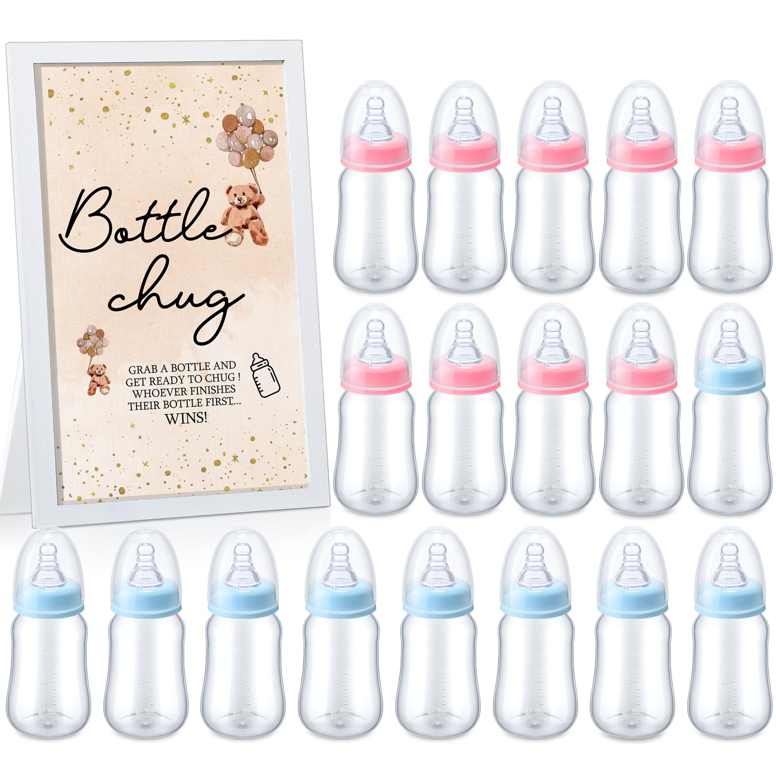 Roowest Bottle Chug Baby Shower Games Favors Including 18 Pcs Bottles with 1 Bottle Chug Wooden Sign for Gender Reveal Baby Shower Party Supplies(Pink