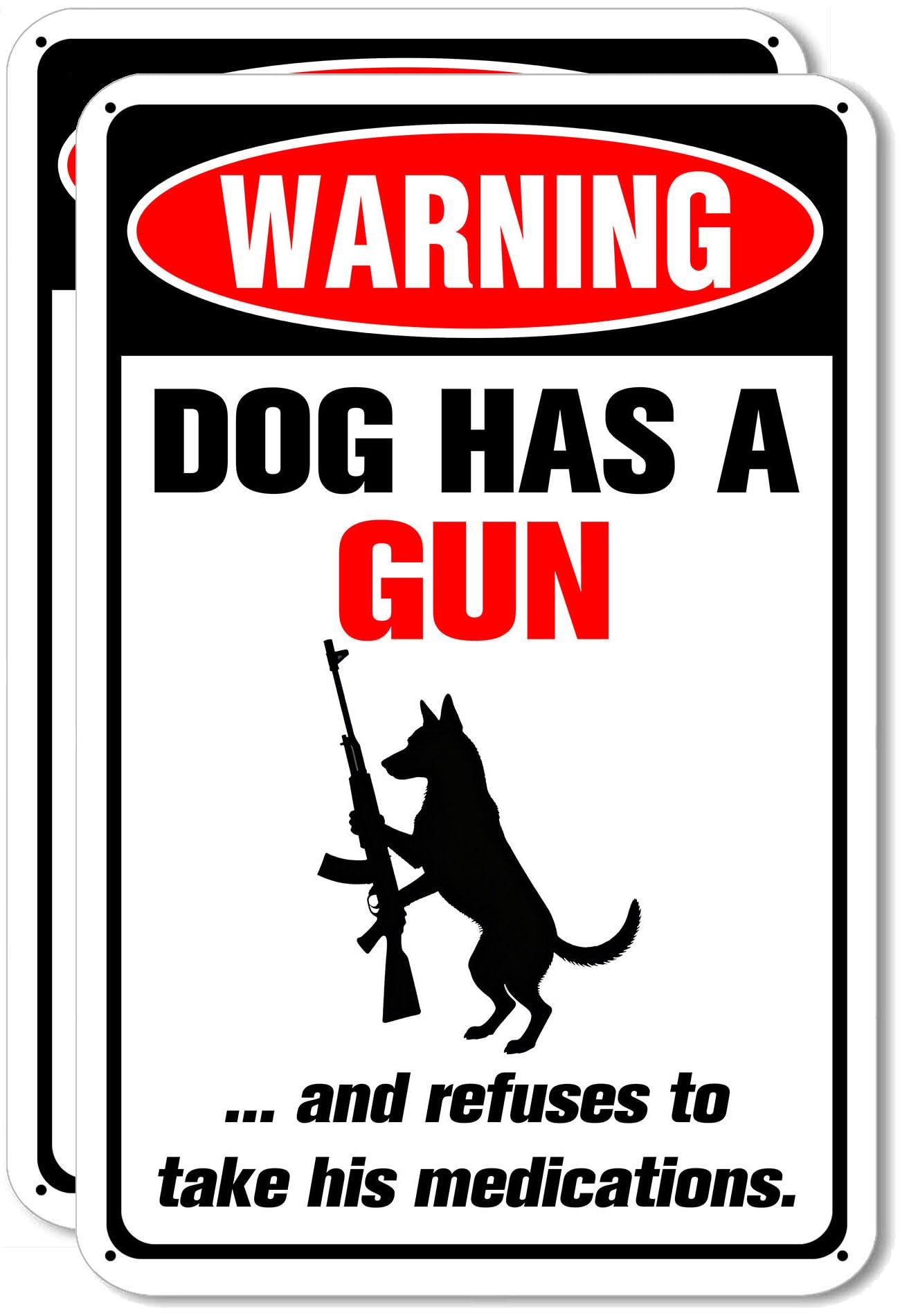 2 Pack Funny Cat & Dog Has a Gun & Won't Take Meds Aluminum Sign, Humorous Warning Metal Sign with Pre-Drilled Holes, 8x12 Inch Vintage Metal Wall Art for Bar, Garage, Yard, Home & Outdoor Decor