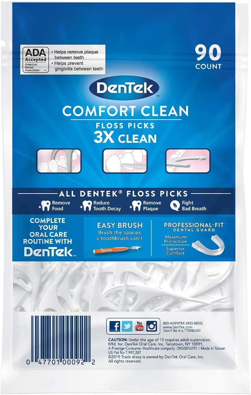 DenTek Comfort Clean Floss Picks for Sensitive Teeth, Soft and Silky Ribbon, 90 count Each (Pack of 1)