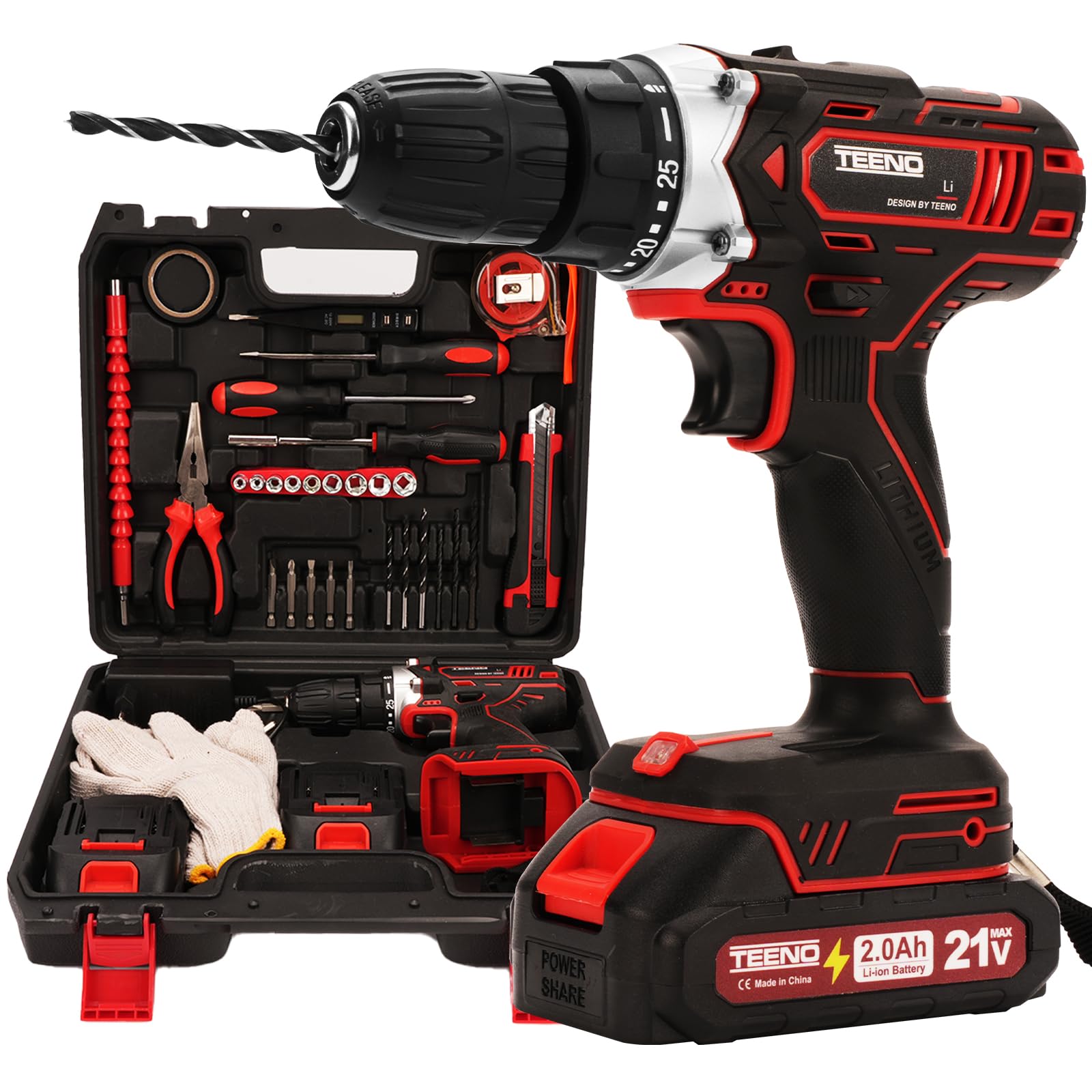 TEENO Destornillador Inalámbrico para Batería Makita de 21V 2 * 2.0 Ah baterías, 45 Nm,25+1 ajustes de par, 2 velocidades, luz LED, 46 accesorios y maletín, ideal para trabajos de carpintería.