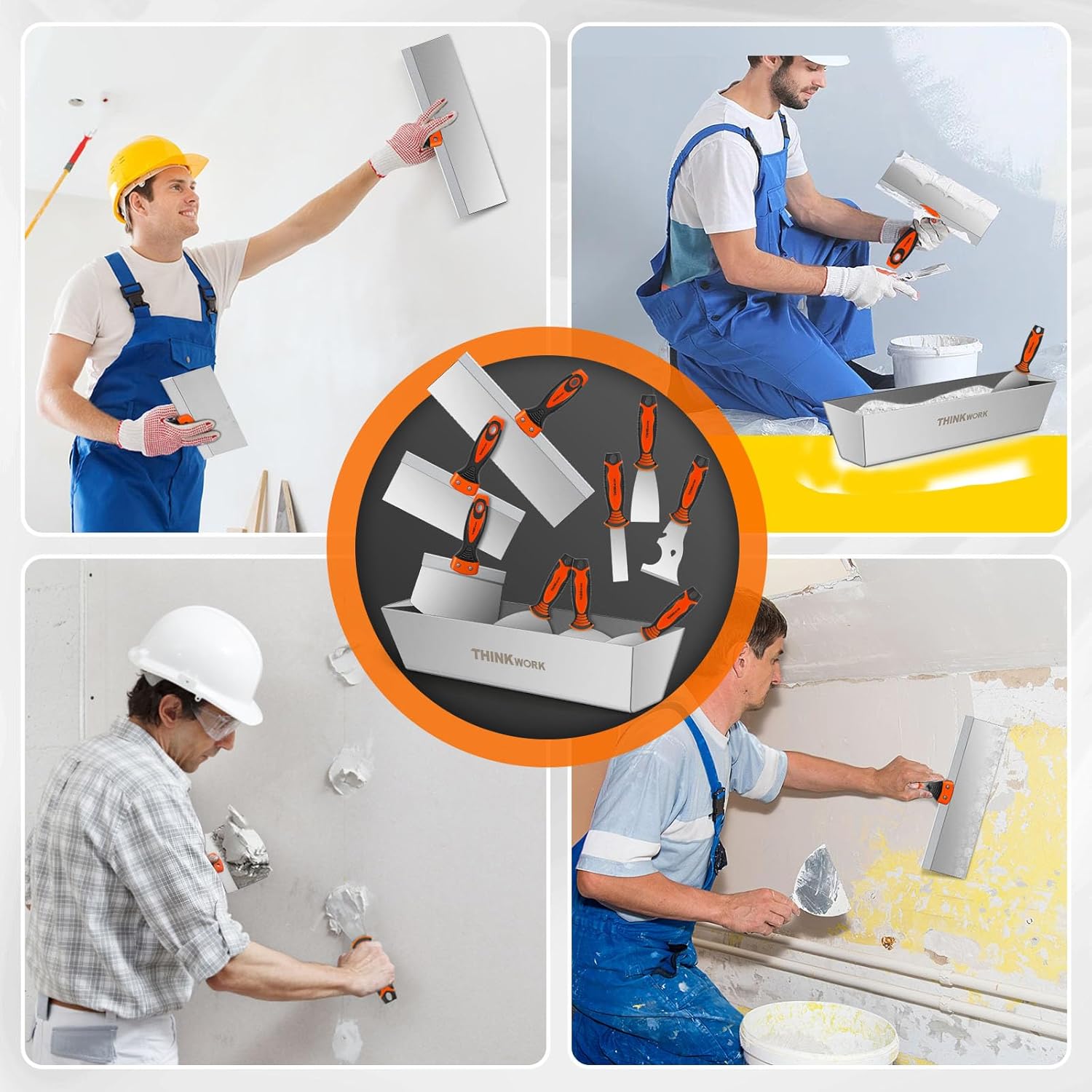 THINKWORK Drywall Knife Set, 10Pcs Drywall Tools Include Stainless Steel Putty Knife Set, Taping Knives, Painter Scraper, 14" Mud Pan and Scoop, Spackle Tool Kit for Joint Taping, Finishing, Patching