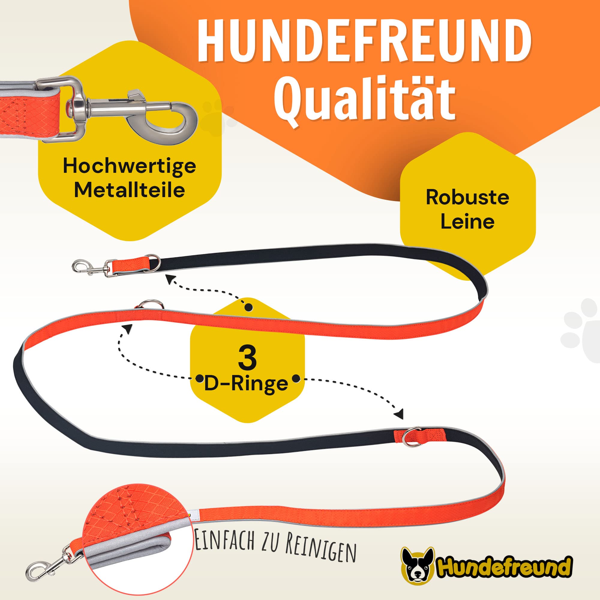 Hundefreund 6-in-1 Multifunktionsleine - Verstellbare Hundeleine 3m für mittlere und große Hunde mit 3 Ringen - Reflektierende Umhängeleine, Führleine und Schulterleine zum Umhängen in einem