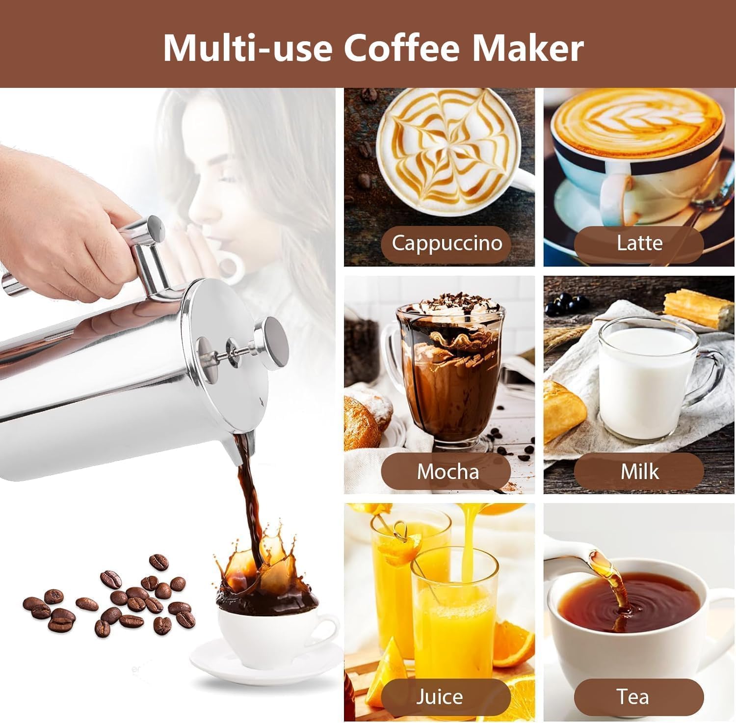 French Press - Caffettiera da 1,5 litri, in acciaio inox, a doppia parete, isolata, con 3 filtri extra (argento, 1500 ml, 6-8 tazze)