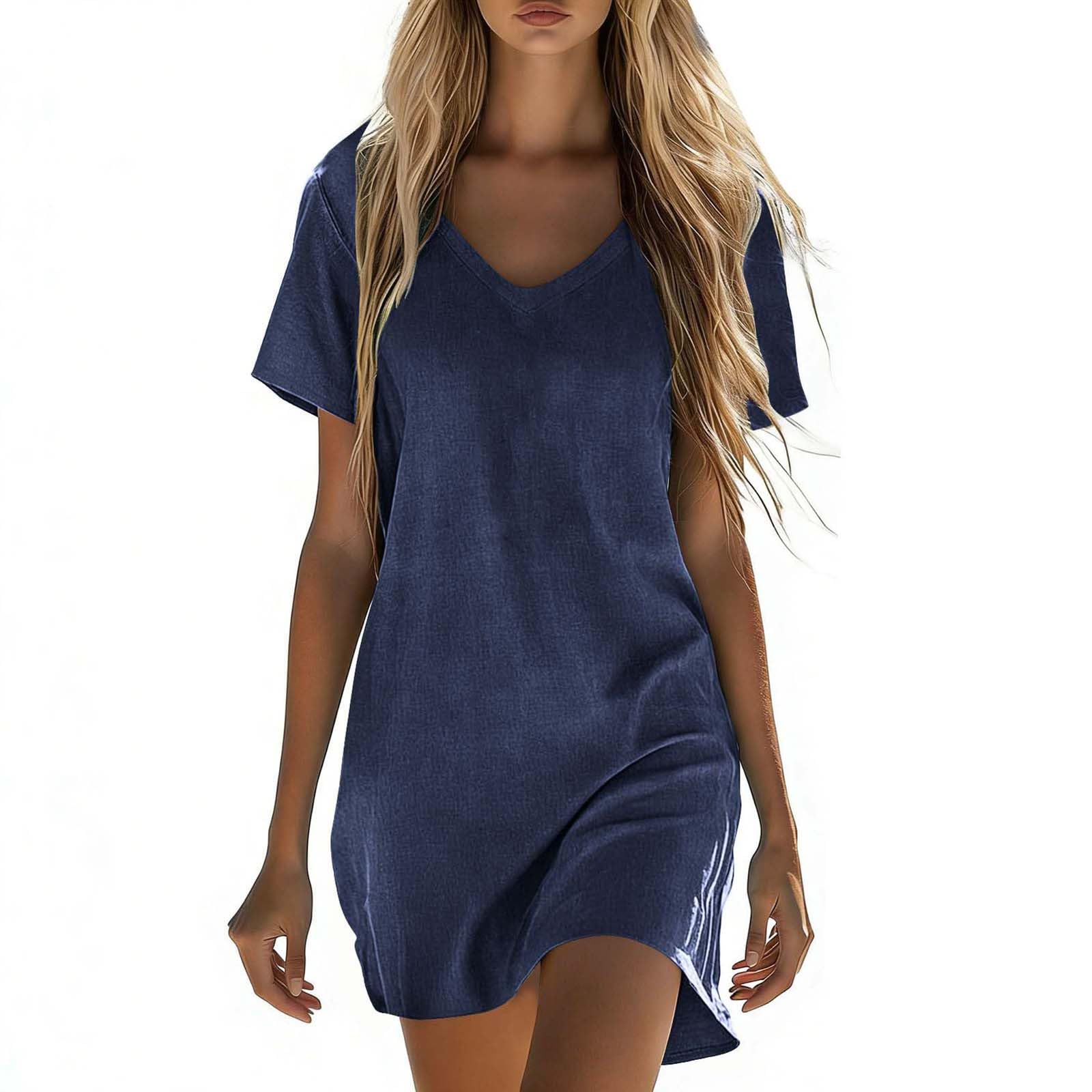 RLEHJN Sommerkleid Damen Midi,Baumwolle Leinen Kleid Kurzarm Saum Taille Freizeitkleid V-Ausschnitt Sommerkleid Damen Leicht und Luftig Casual Strandkleid Einfarbig Midikleid Tshirt Kleid S-5XL