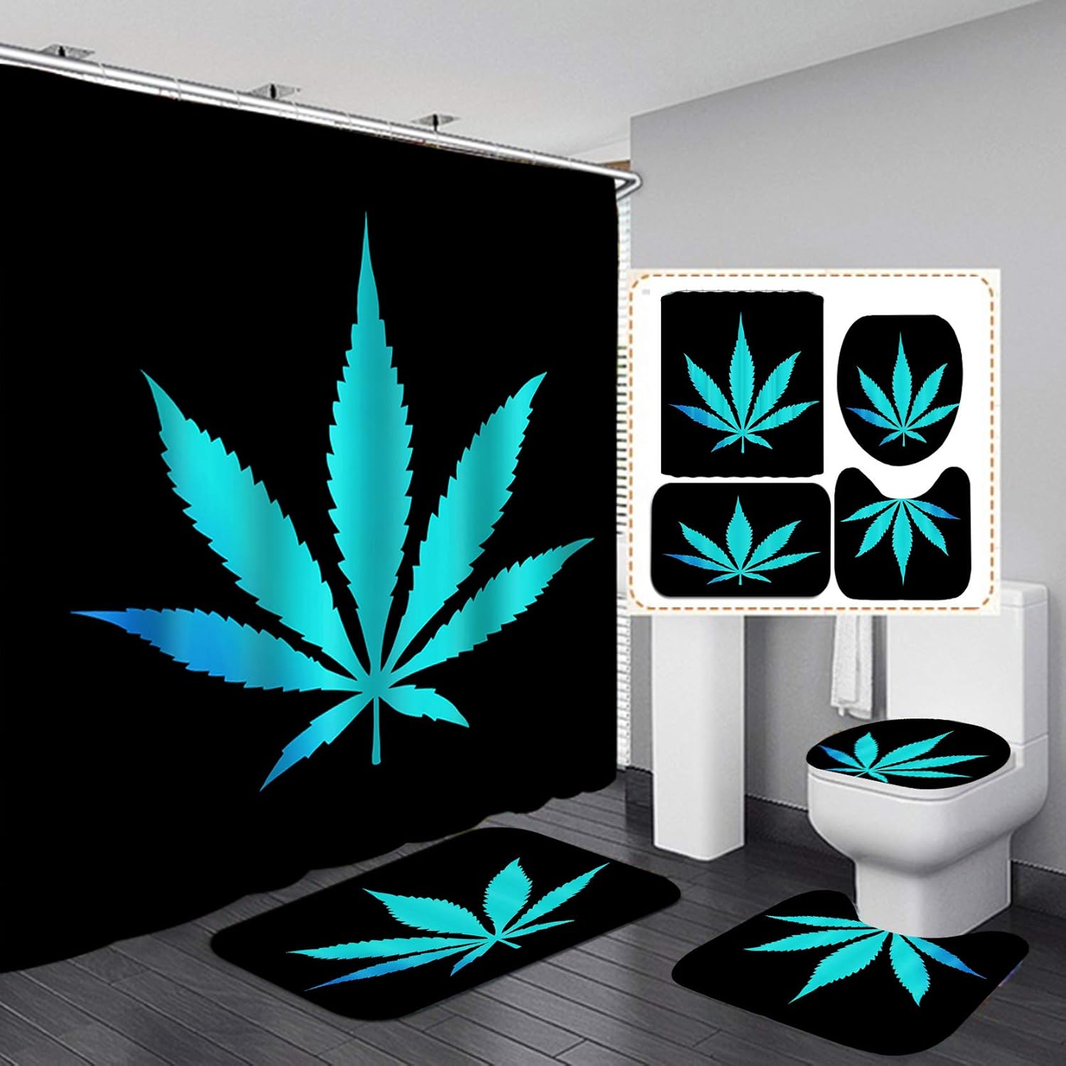 Jayden&Madge 4PCS/SET Weed Leaf Shower Curtain, Hippie Trippy Cannabis Marijuana Leaf Bathroom Decor, Waterproof Polyester Fabric Black Bath Curtain, Non-slip Bathroom Mat Toilet Carpet Bath Rug, Blue