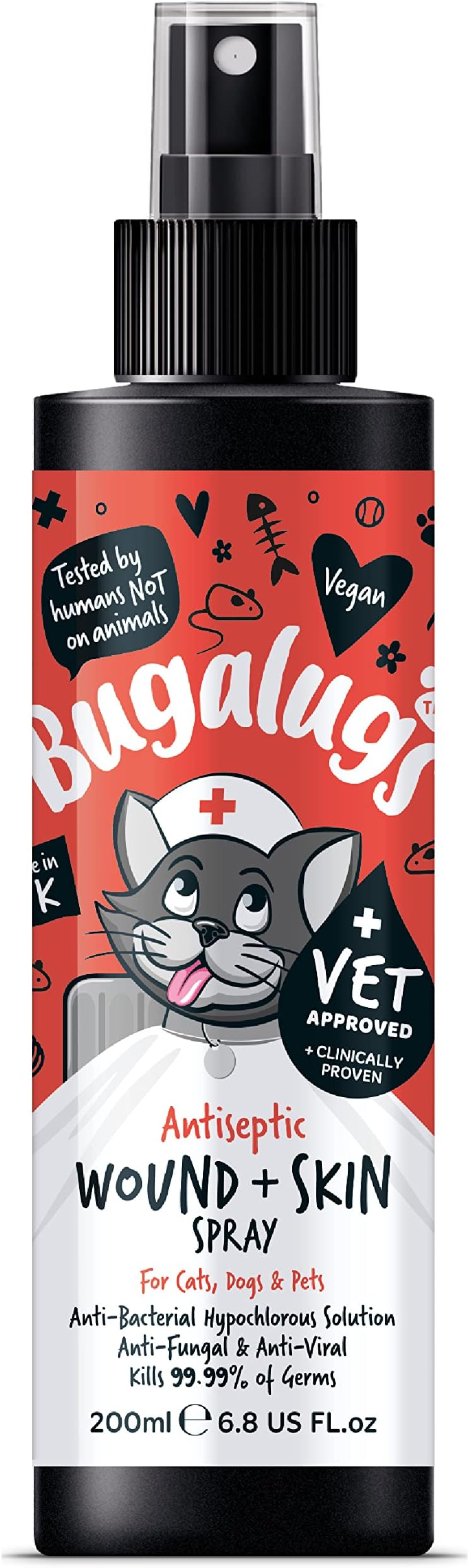 – BUGALUGS Cat Wound & Skin Antiseptic spray 200ml - Antibacterial, Antiviral, Antifungal spray for itchy cat skin relief - Hypochlorous acid essential first aid kit for Cats and Pets