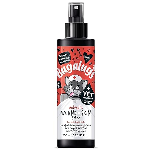 BUGALUGS Cat Wound & Skin Antiseptic spray 200ml - Antibacterial, Antiviral, Antifungal spray for itchy cat skin relief - Hypochlorous acid essential first aid kit for Cats and Pets - Cat 200ml