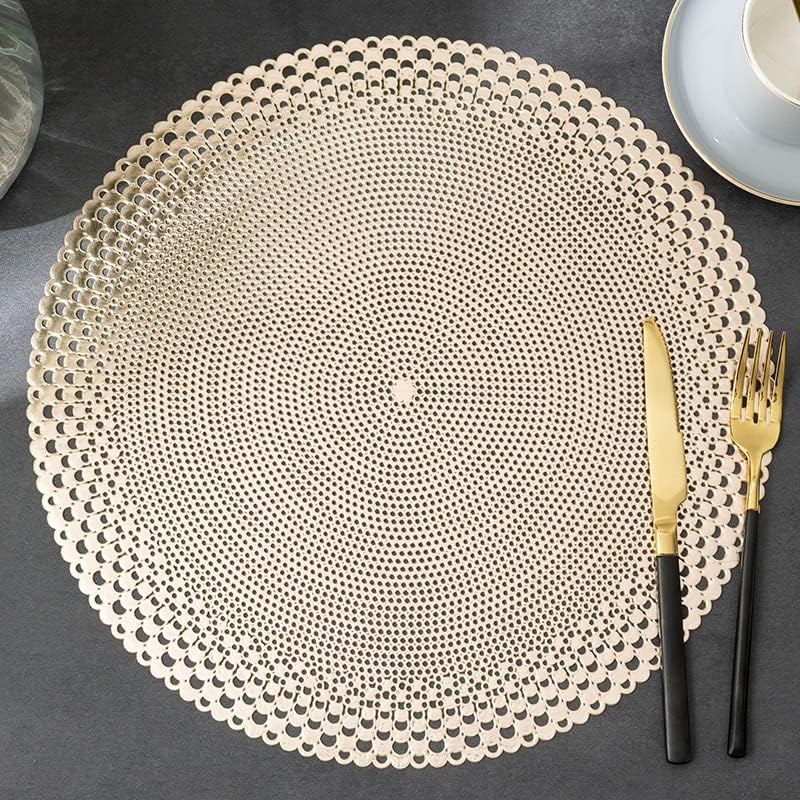 246pcs Gold 3D Relief Hollow PVC Placemats, 38cm Round Waterproof Heat Resistant Dining Table Mats for Hotel Restaurant, Wedding Party (Gold, 6pcs -