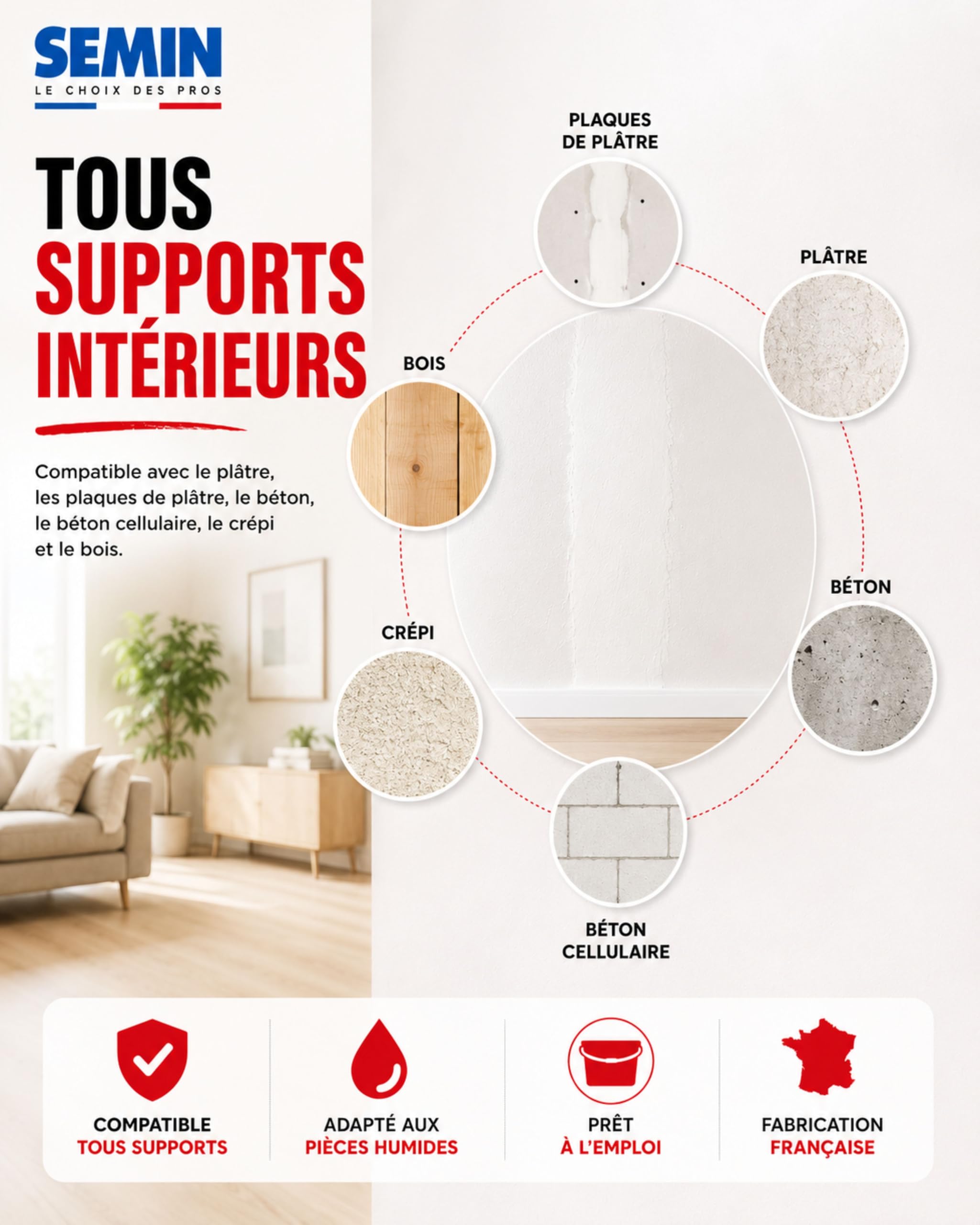 SEMIN SEM-LIGHT Enduit Léger de Rebouchage et Lissage –2 x 5 L – Sans Retrait, Séchage Rapide – Réparation Trous et Fissures – Intérieur Murs et Plafonds – Blanc Mat Prêt à l'Emploi