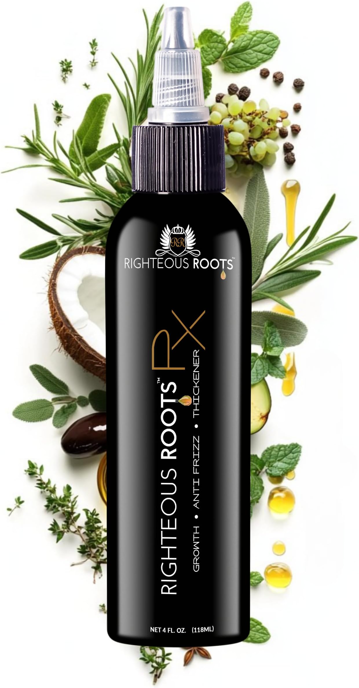 Righteous Roots Rx Hair Oil for Hair Growth, Anti Frizz and Thickener Best for Curly, Wavy Natural Hair and Beards. 4fl oz (Previously known as Hair RX)