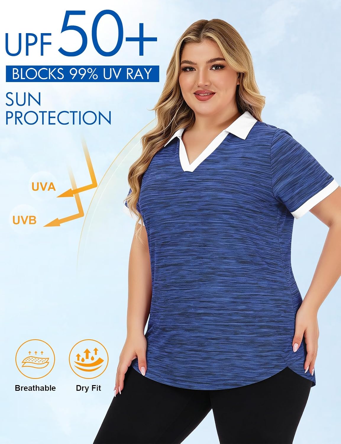 Cucuchy Style Plus Size Womens Golf Shirt V Neck Short Sleeve Workout Tops UPF 50+ Shirts
