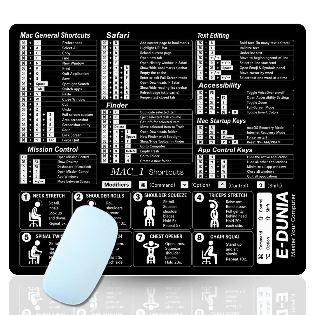 Shortcut Key Mouse Pad for Windows, MS Office, Excel Formulas, Word, PowerPoint & Keyboard Commands Reference, Non-Slip Rubber Base for Office & Study Use. (MAC_1_B&W)-image-17