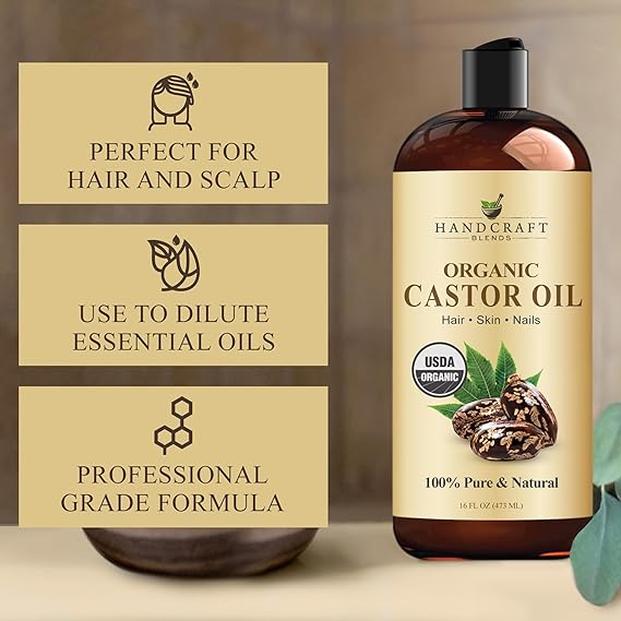 Handcraft Blends Organic Castor Oil 16 Fl Oz | 100% Pure and Natural | Premium Grade Carrier Oil | Hair, Eyelashes and Eyebrows | Hair and Body | Expeller-Pressed | Hexane-Free