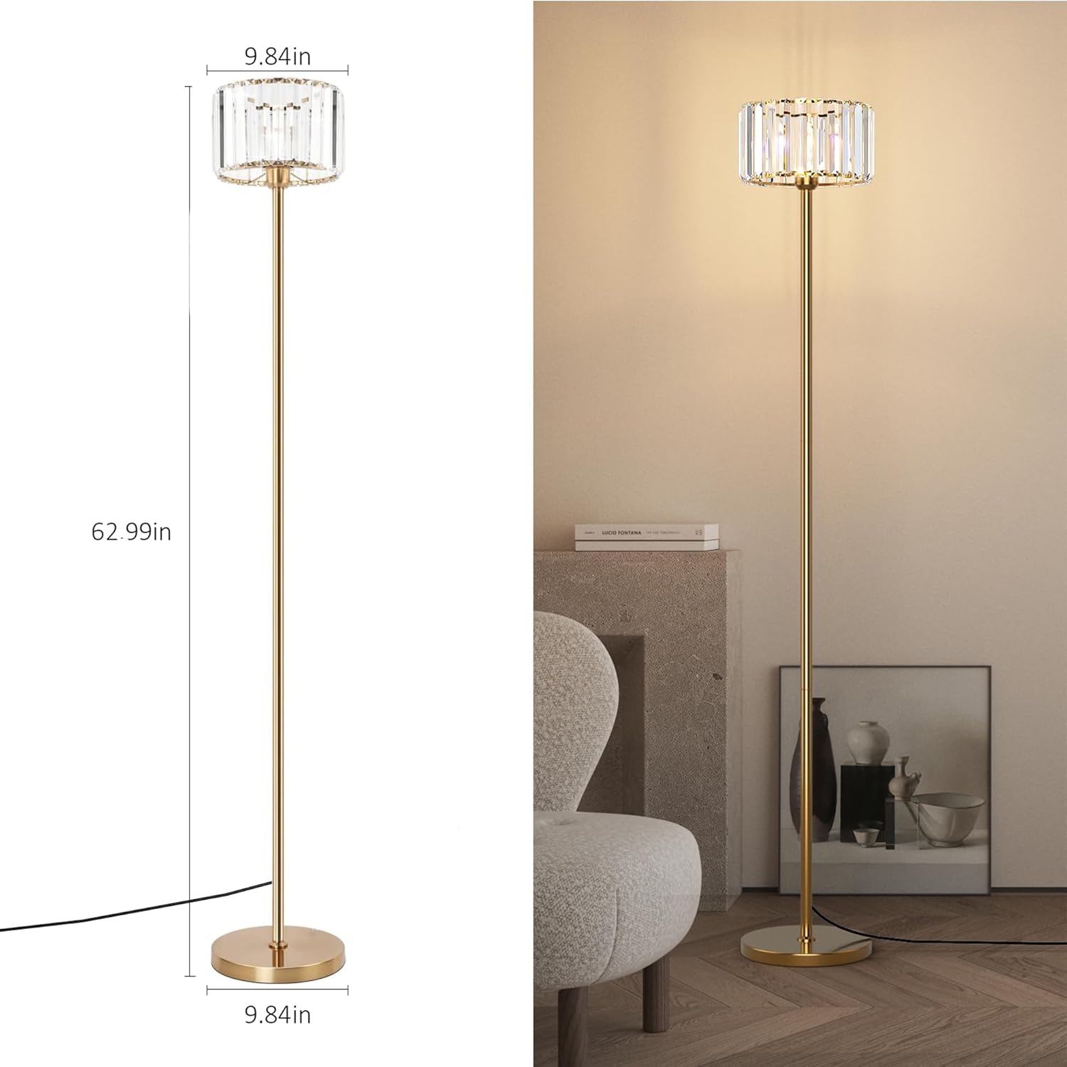 Gold Crystal Floor Lamp for Living Room, Modern Elegance Crystal Floor Lamp for Bedroom, On/Off Foot Switch, Reading Corner Lamp for Office Cafe, E26 Bulb Excluded, Max 60W, Brass Finish