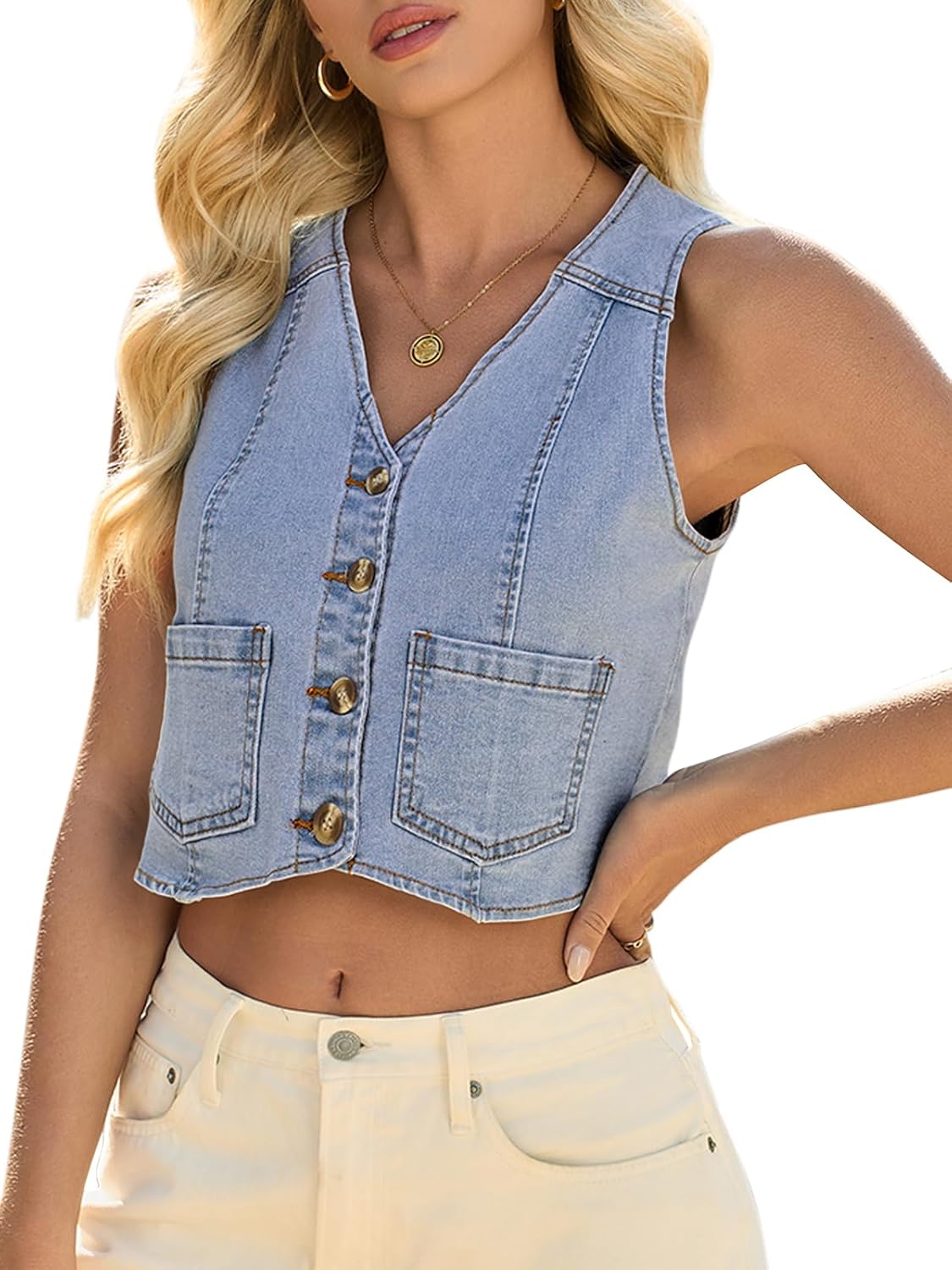 Yousify Women's Summer Tops Denim Vest Sleeveless V Neck Button Down Jean Y2k Crop Jacket With Pocket - Image 4