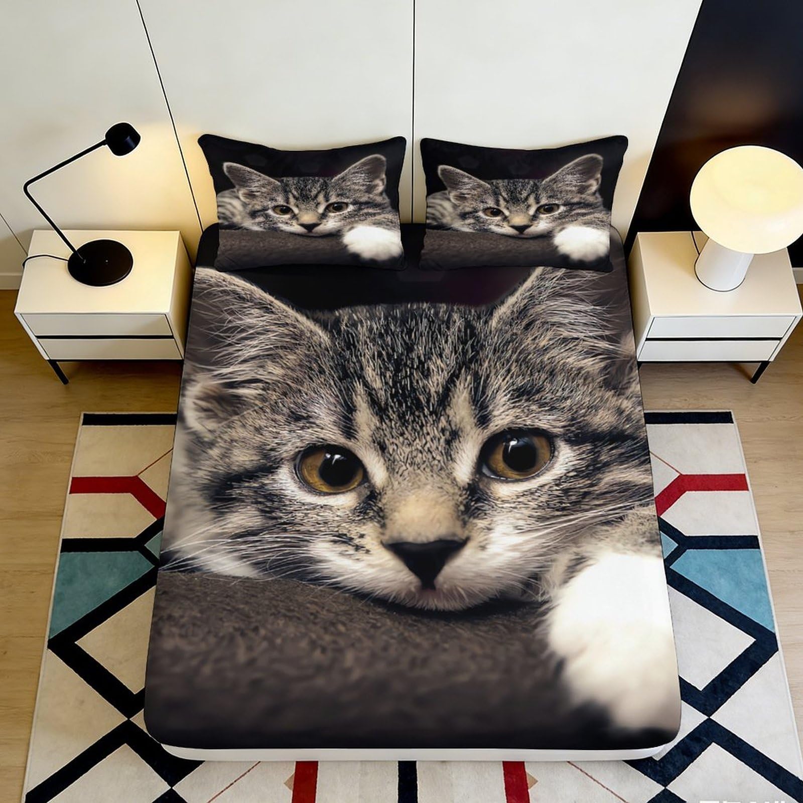 3D Printed Tabby Cat Pattern Fitted Sheet Microfiber Soft Breathable Kitten Face Bed Cover for Bedroom Guest Room Decor 120x200x25cm