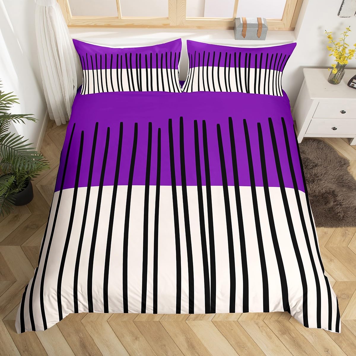 Homewish Purple White Geometric King Size Duvet Cover Set - Abstract Black Vertical Striped Bedding with Zipper Closure - Modern Stylish Microfiber Quilt Cover Mid-Century Art Deco Bed Sets