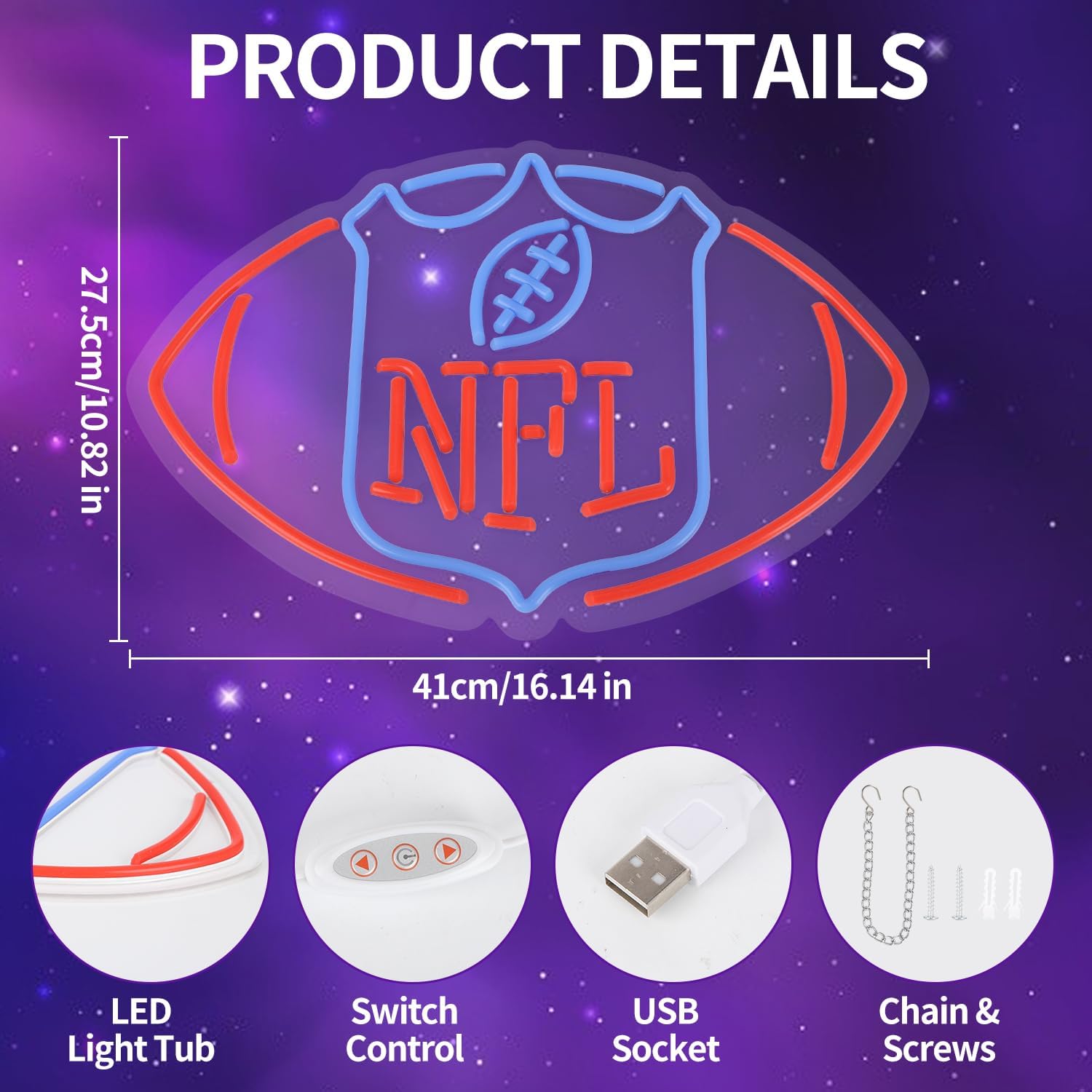 Football Neon Sign for Wall Decor,Football-Shaped Neon Light, Football Led Neon Light Birthday Gifts for Sports Fans Club Bedroom 5V USB Powered - Image 3