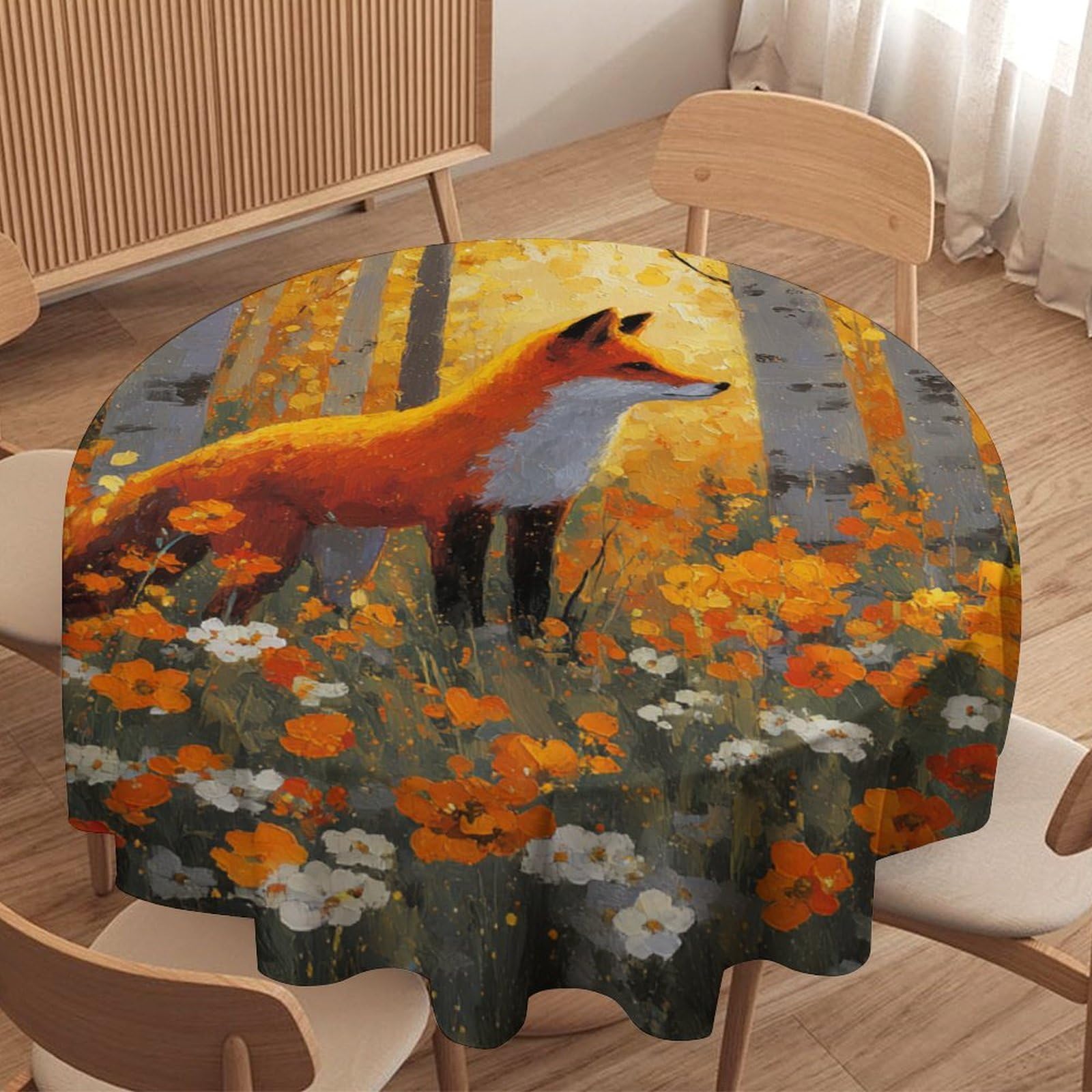 LUYYSKY Beautiful Classic Animals Fox Round Tablecloth Retro Oil Painting Fall Forest Plants Daisies Flowers Foxes Print Washable Decor for Table Cover for Kitchen-91.4" Wx91.4 L cm