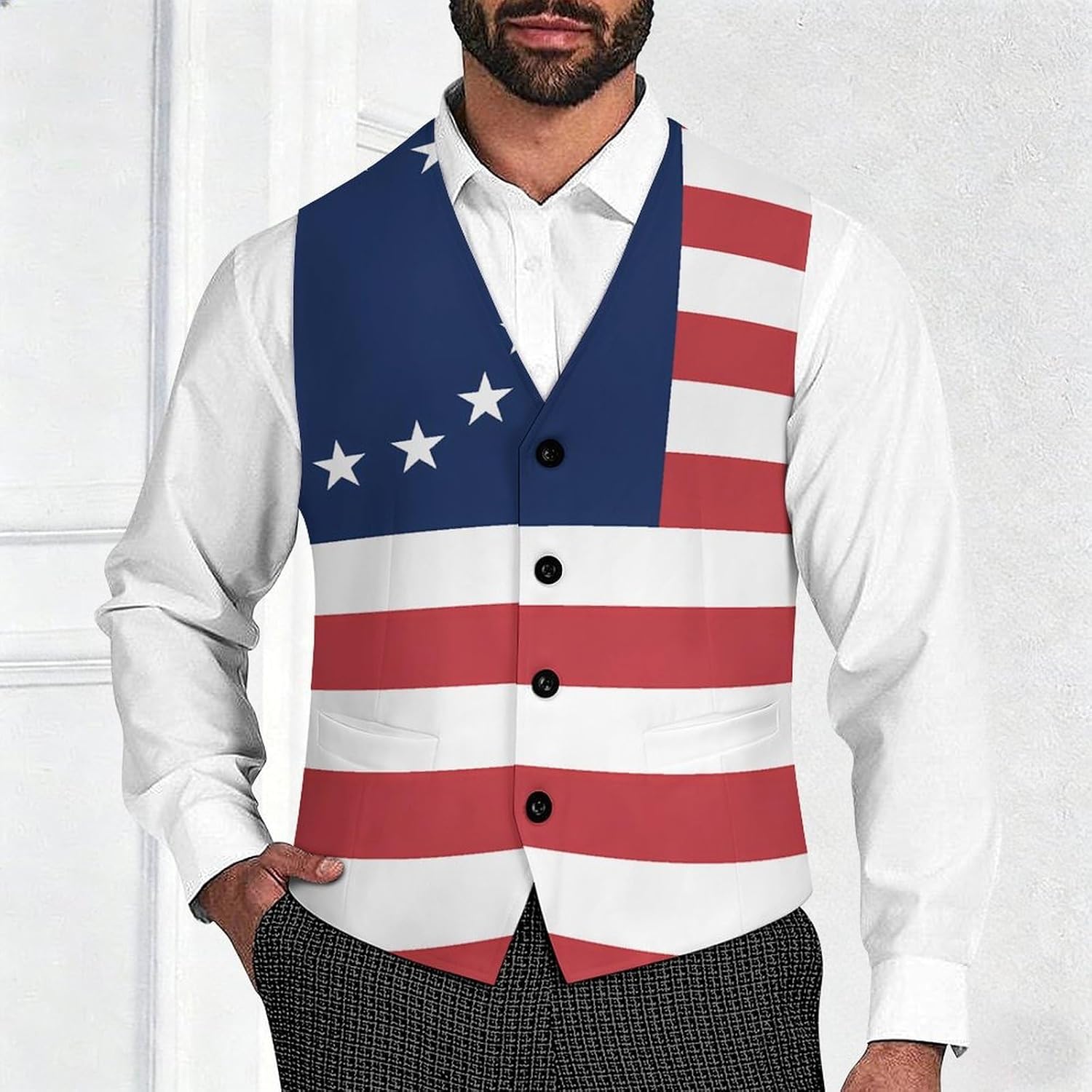 Betsy Ross Flag U.S.A Mens Suit Dress Vest Slim Fit Formal Business Waistcoat Tuxedo V-Neck Vest for Wedding Party