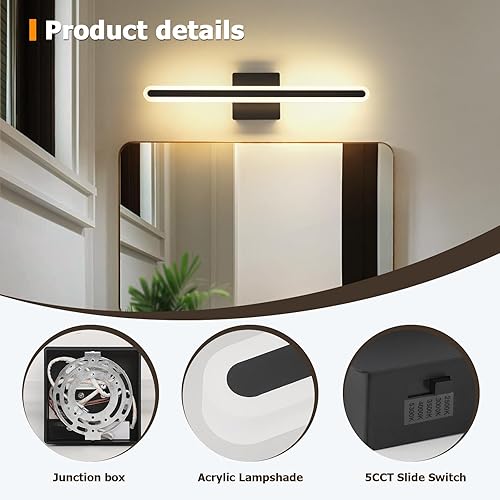 Miniatura 5 de Joosenhouse Moderna luz negra para tocador de baño, barra de luz de baño regulable 5CCT, luces LED de tocador sobre el espejo de 23.6 pulgadas, 20