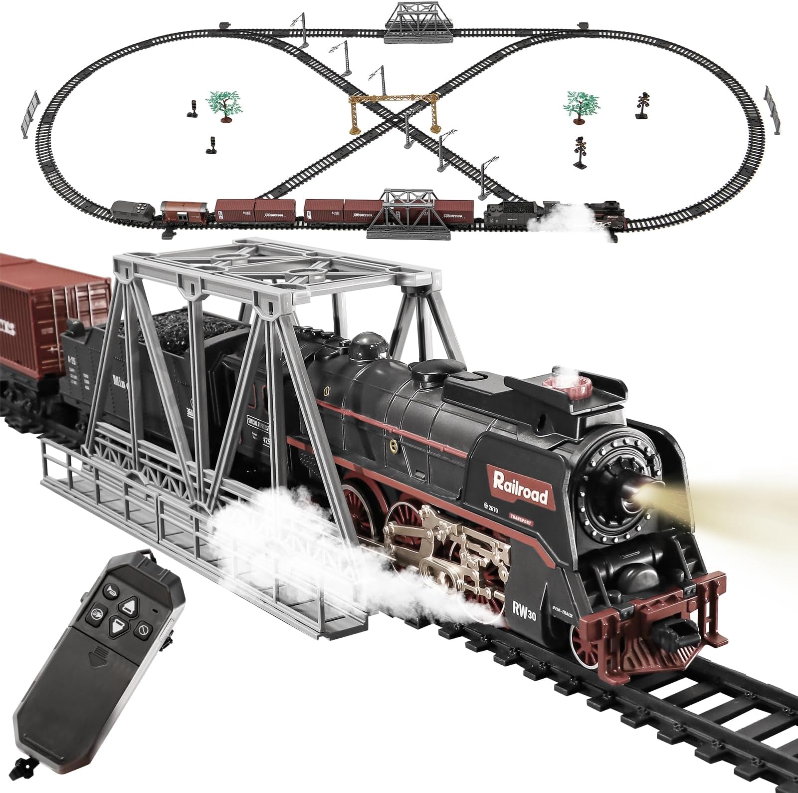 Remote Controlled steam Train Toy, Equipped with Luxurious Tracks and Glowing, Smoke and Sound Train Set, Rechargeable, Suitable for Children Aged 3 to 8 and Above as a Christmas Toy Gift
