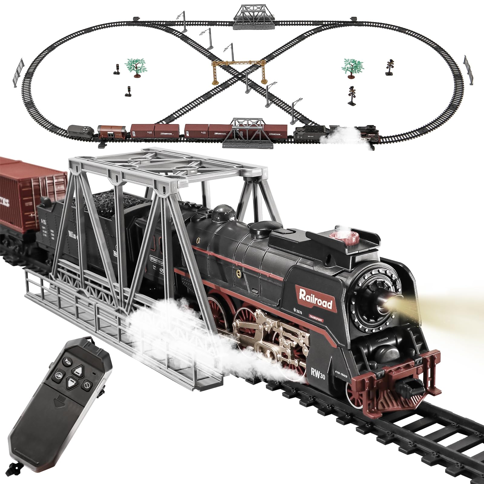 Remote Controlled steam Train Toy, Equipped with Luxurious Tracks and Glowing, Smoke and Sound Train Set, Rechargeable, Suitable for Children Aged 3 to 8 and Above as a Christmas Toy Gift