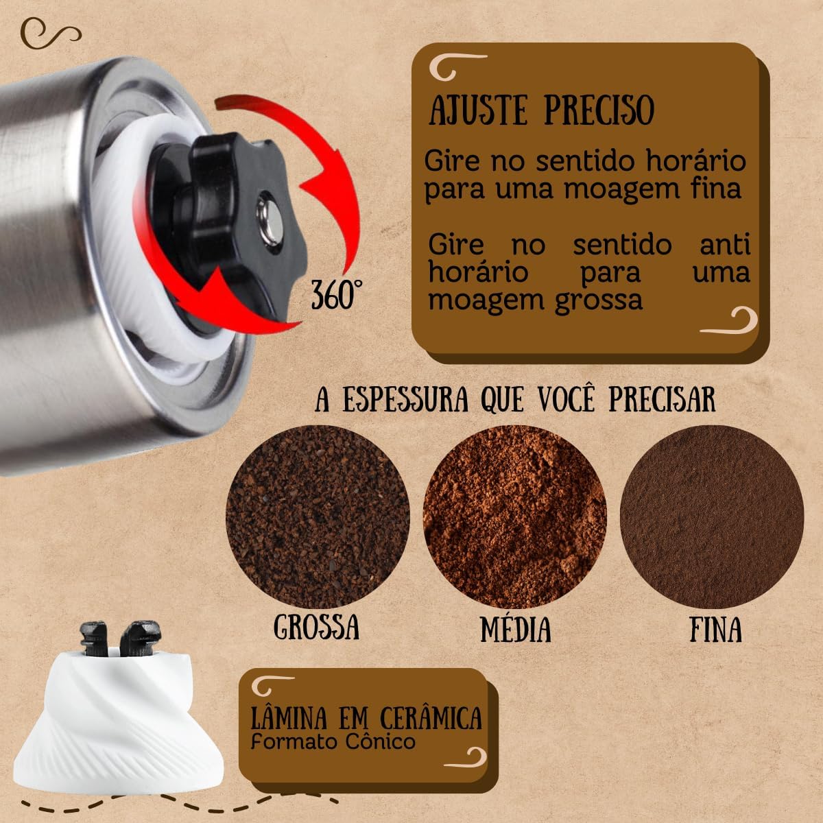 Moedor de Café Grãos Manual Inox Portátil Cerâmica
