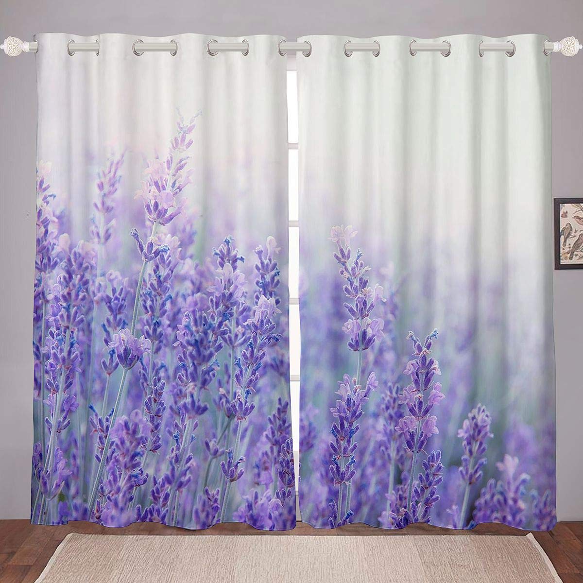 Homemissing Lavender Curtains Botanical Floral Window Treatments Violet Flowers Window Drapes For Boys Girls Kids Lavender Field Garden Plants Curtain W66*L72