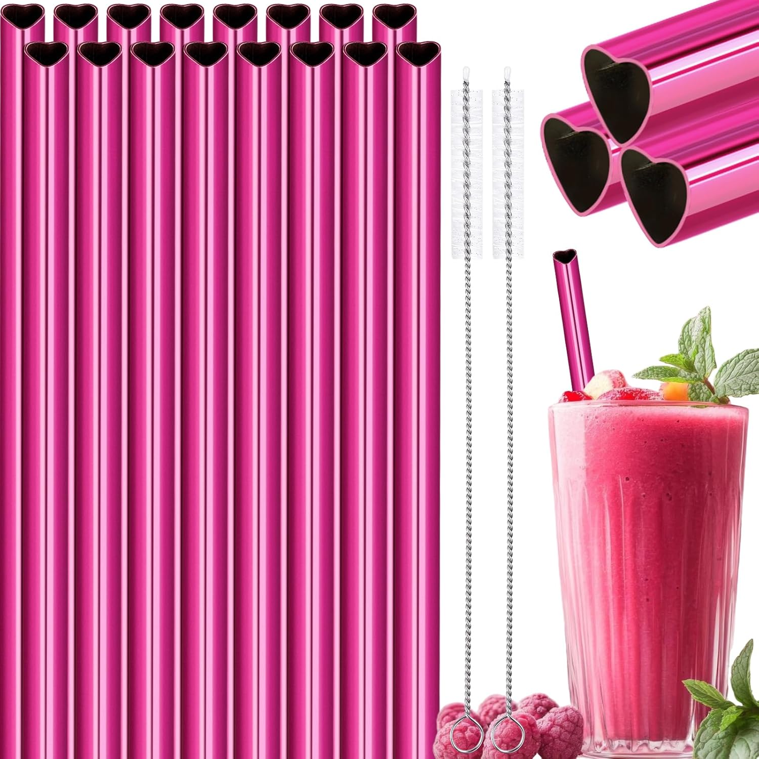 NiHome 16-Pack Heart-Shaped Stainless Steel Drinking Straws with 2 Cleaning Brushes, 8.5″ Long Reusable Straws for Stanley Tumbler 14oz, Dishwasher Safe, Safe Edges for Kids (Pearl Hot Pink)