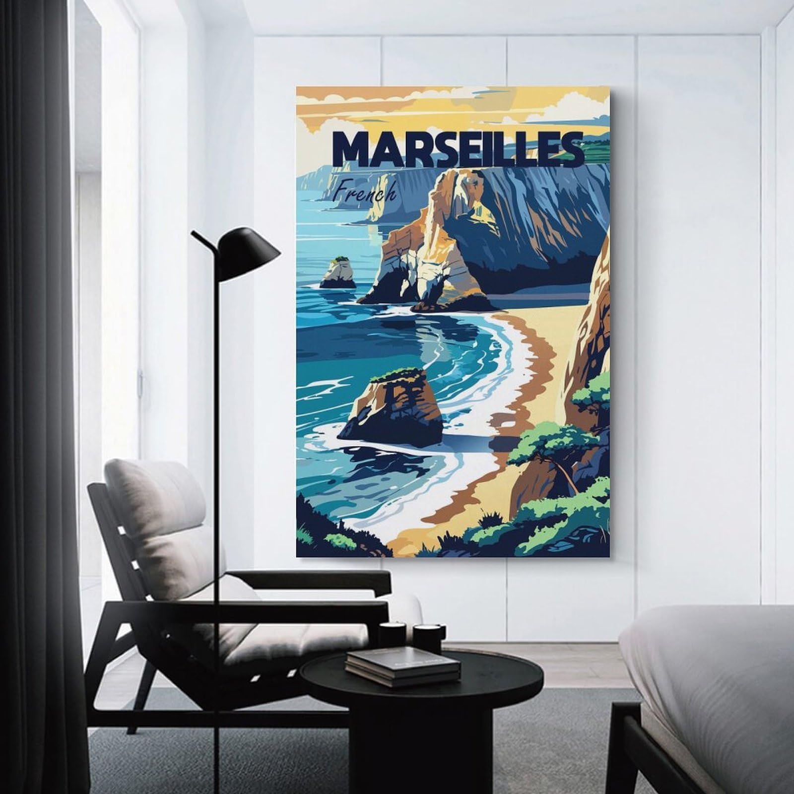 Junmoney Marseilles French Coastline Travel Canvas Wall Decor 20x30inch(50x75cm), for Home Lounge, Bedroom Or Reading Nook, A Home Accent with Warm Character